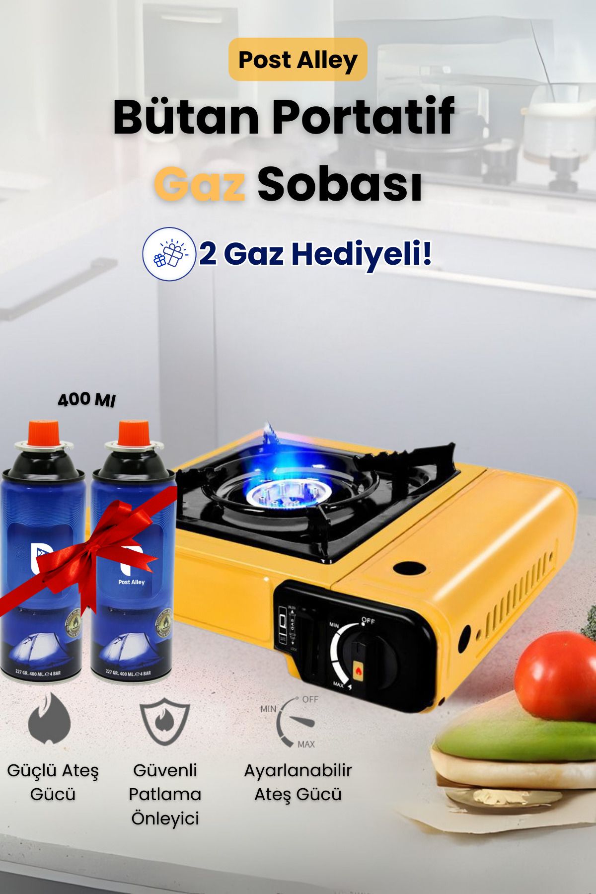 post alley Butan Portatif Gaz Sobası + 2 Adet Gaz