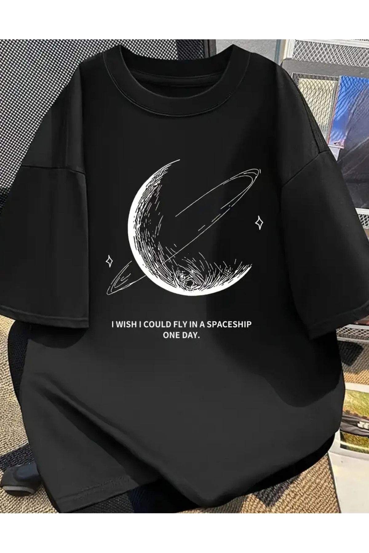 SAJA Unısex Kadın/Erkek Baskılı Oversize Düşük Kol Bisiklet Yaka T-Shirt