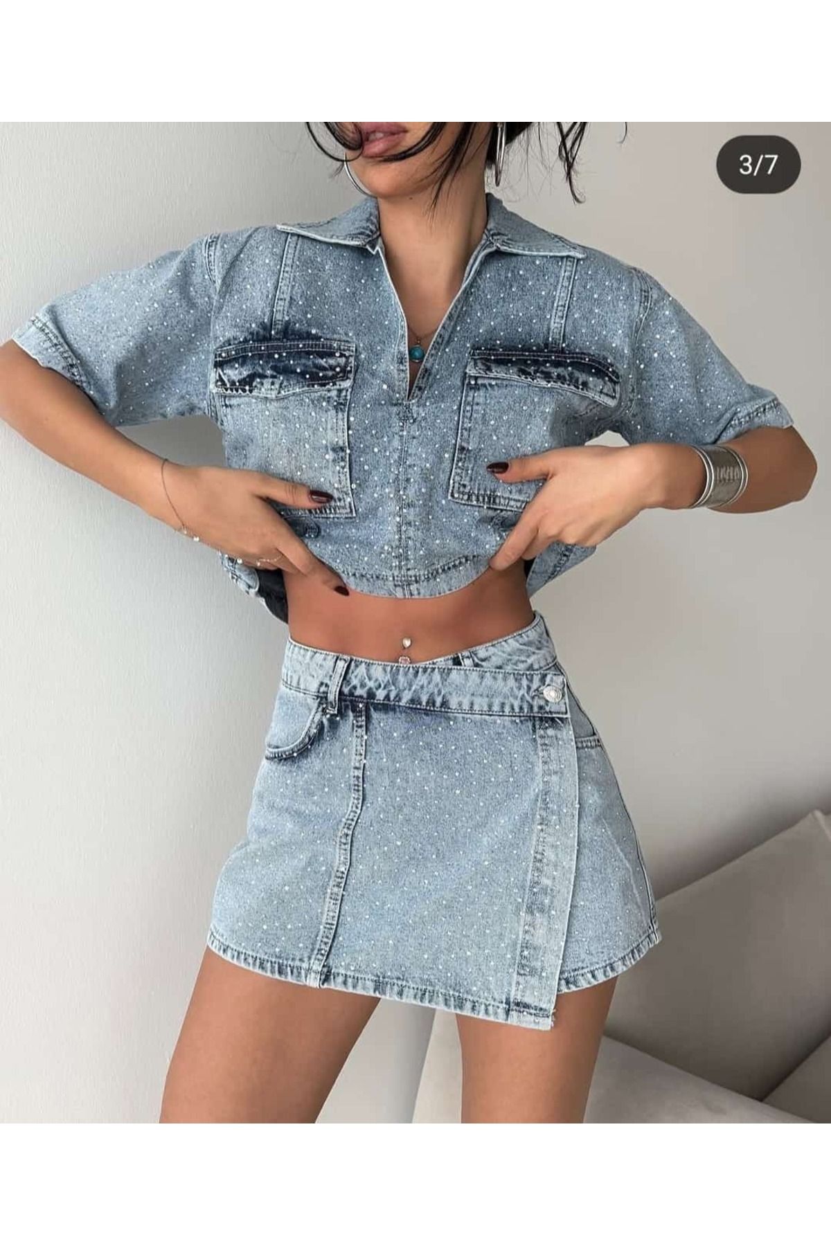 madmadame Taşlı Kot Şort Takım
