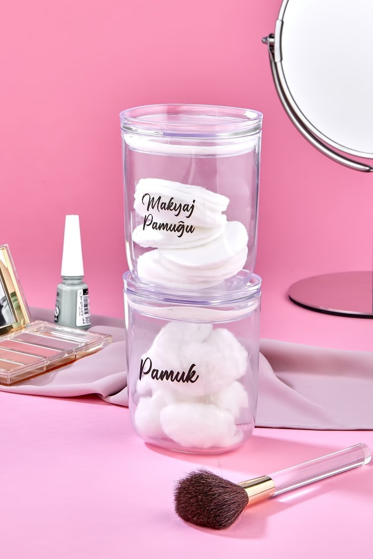 Carat Home 2'li Akrilik Mika Pamuk & Makyaj Pamuğu Organizeri 400 Ml Saklama Kutusu Pamukluk