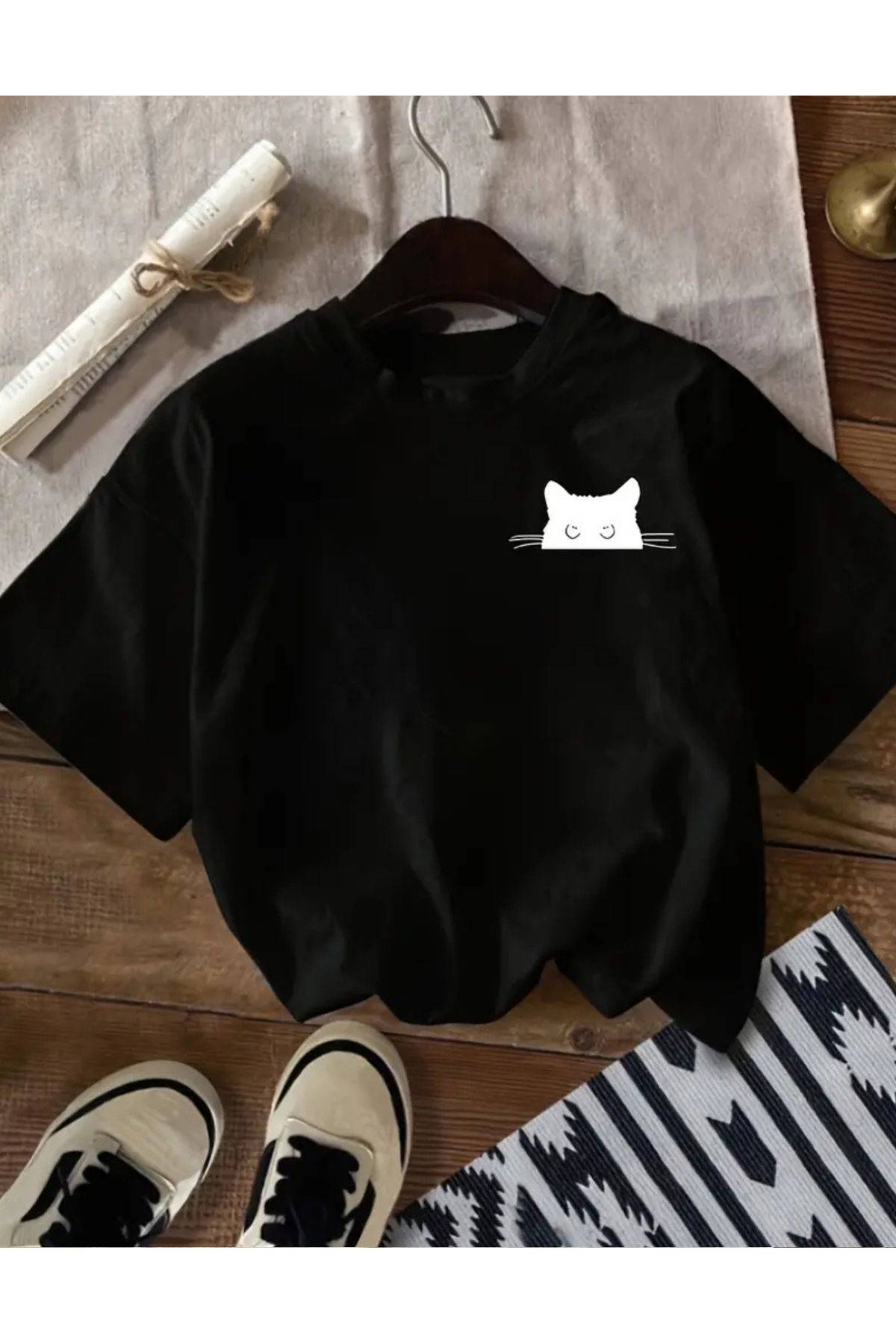 SAJA Unısex Kadın/Erkek Baskılı Oversize Düşük Kol Bisiklet Yaka T-Shirt