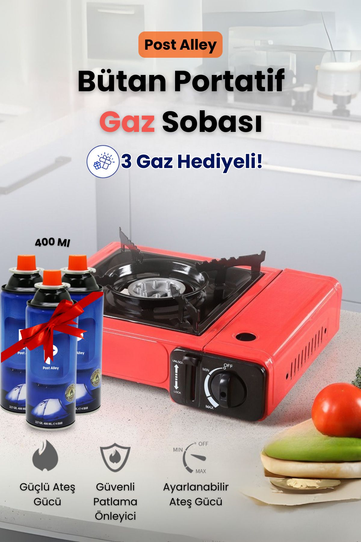 post alley Butan Portatif Gaz Sobası + 3 Adet Gaz