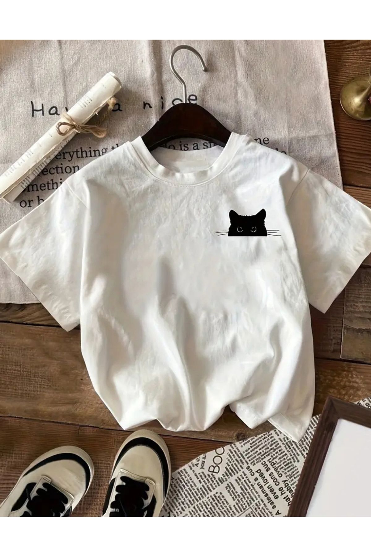 SAJA Unısex Kadın/Erkek Baskılı Oversize Düşük Kol Bisiklet Yaka T-Shirt