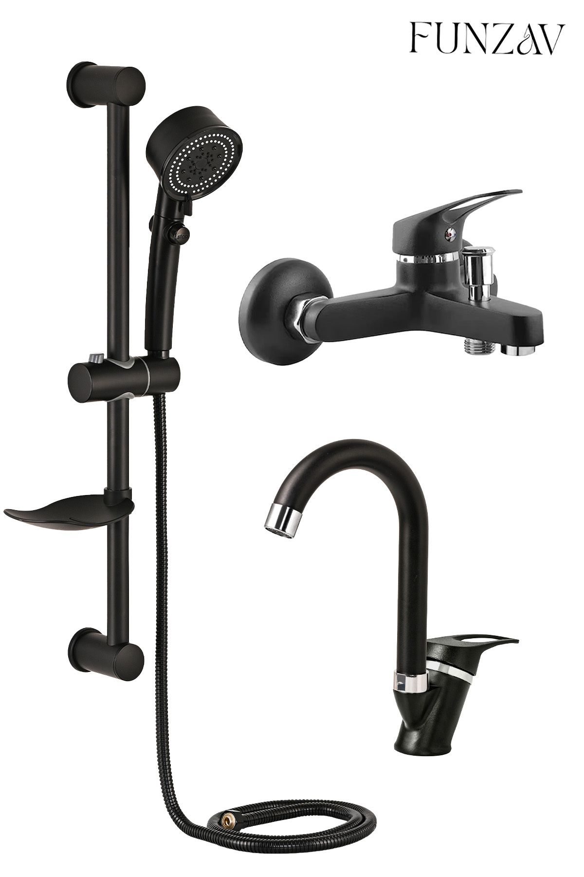 funzav Cygnus Siyah Duş Seti Banyo Lavabo Bataryası Mix Pervaneli Tasarruflu Duş Başlığı Şık Set