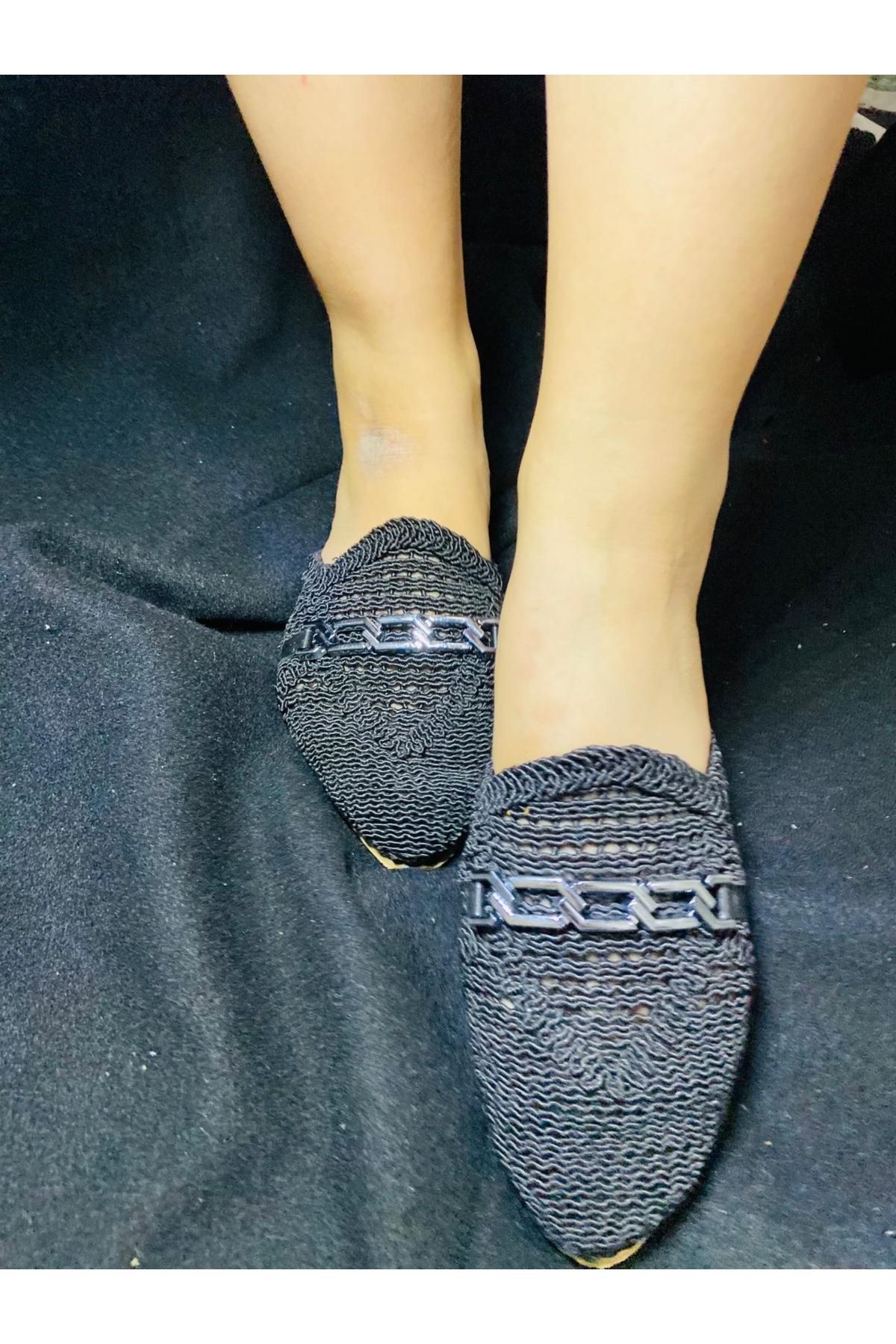 BİRDALİFE WEAR KADIN ZİNCİRLİ TERLİK ÖNÜ KAPALI HASIR DANTEL ÖRME GÜNLÜK SANDALET TERLİK