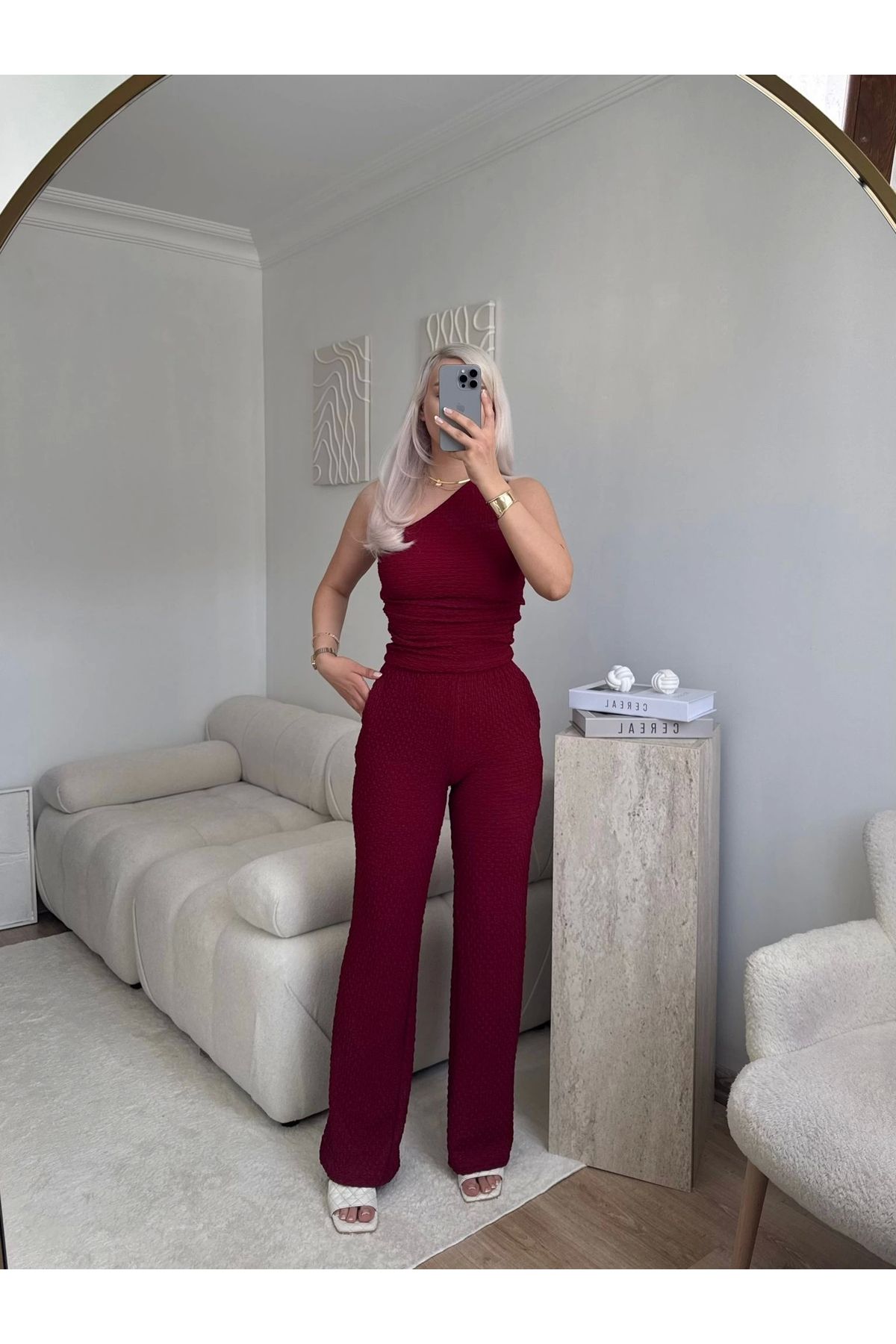 Zora Butik Tek Omuz Crop & Pantolon Takım - BORDO