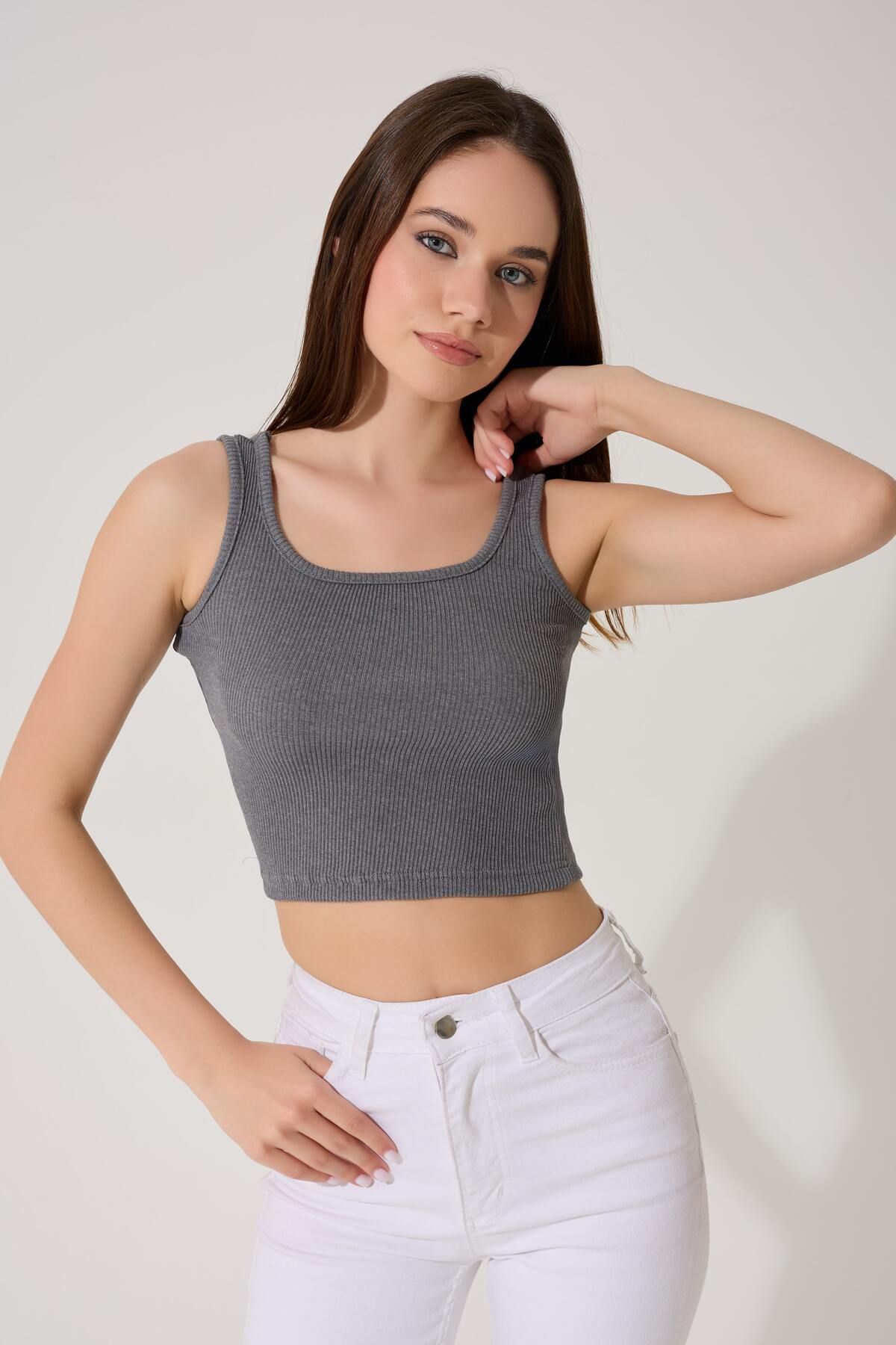myfirstsea Kadın Düz Renk Halter Yaka Crop Bluz