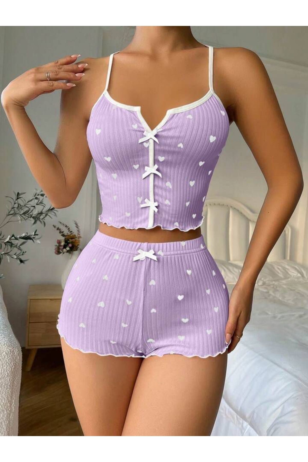 STARRY NIGHT Lila kalp desenli şortlu pijama takımı