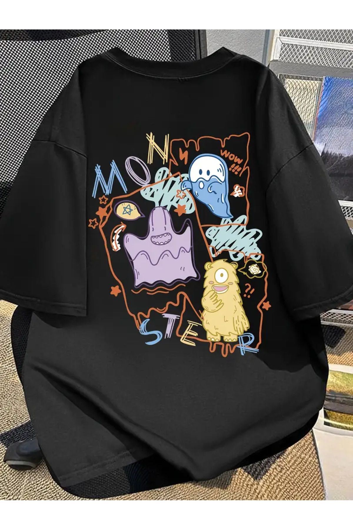 aynewmoda Erkek Kısa Kollu Pamuklu Karikatür Canavar Baskılı Tişört, Rahat Yuvarlak Yaka Tişört