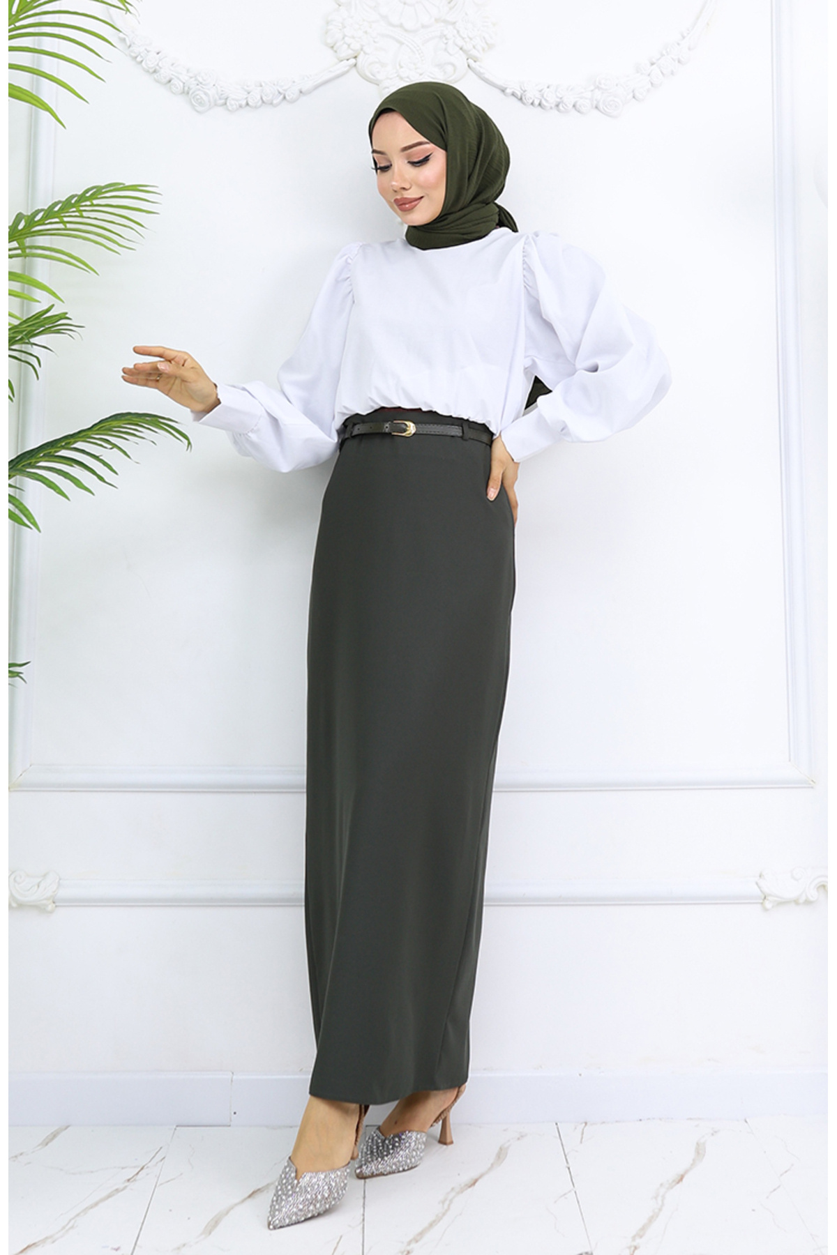 sefamerve-Belted Skirt 2251-02 Khaki 3
