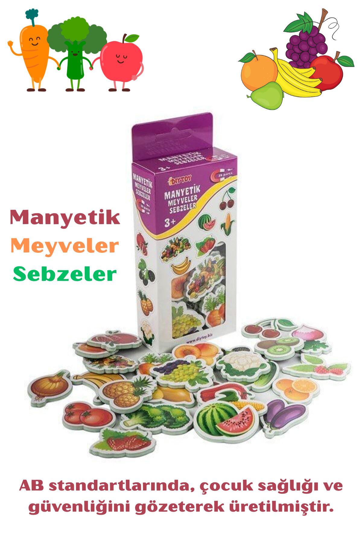 Merva Oyuncak Manyetik Mıknatıslı 26 Parça Meyveler Sebzeler Eğitici Oyuncak Seti