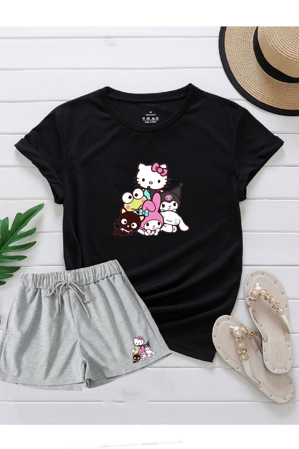 makiteks 2'li Set Düz Renk Kadın Regular Şort ve Tshirt Tişört Best Friends Hellokit