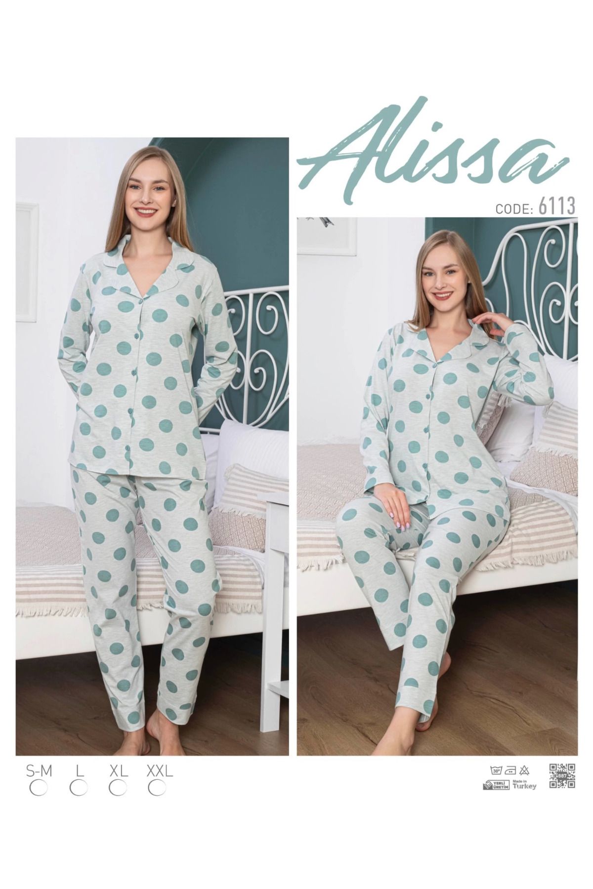 Moda Şahsenem Alissa 6113 Yeşil Puanlı Patlı Uzun Kol Pijama Takımı