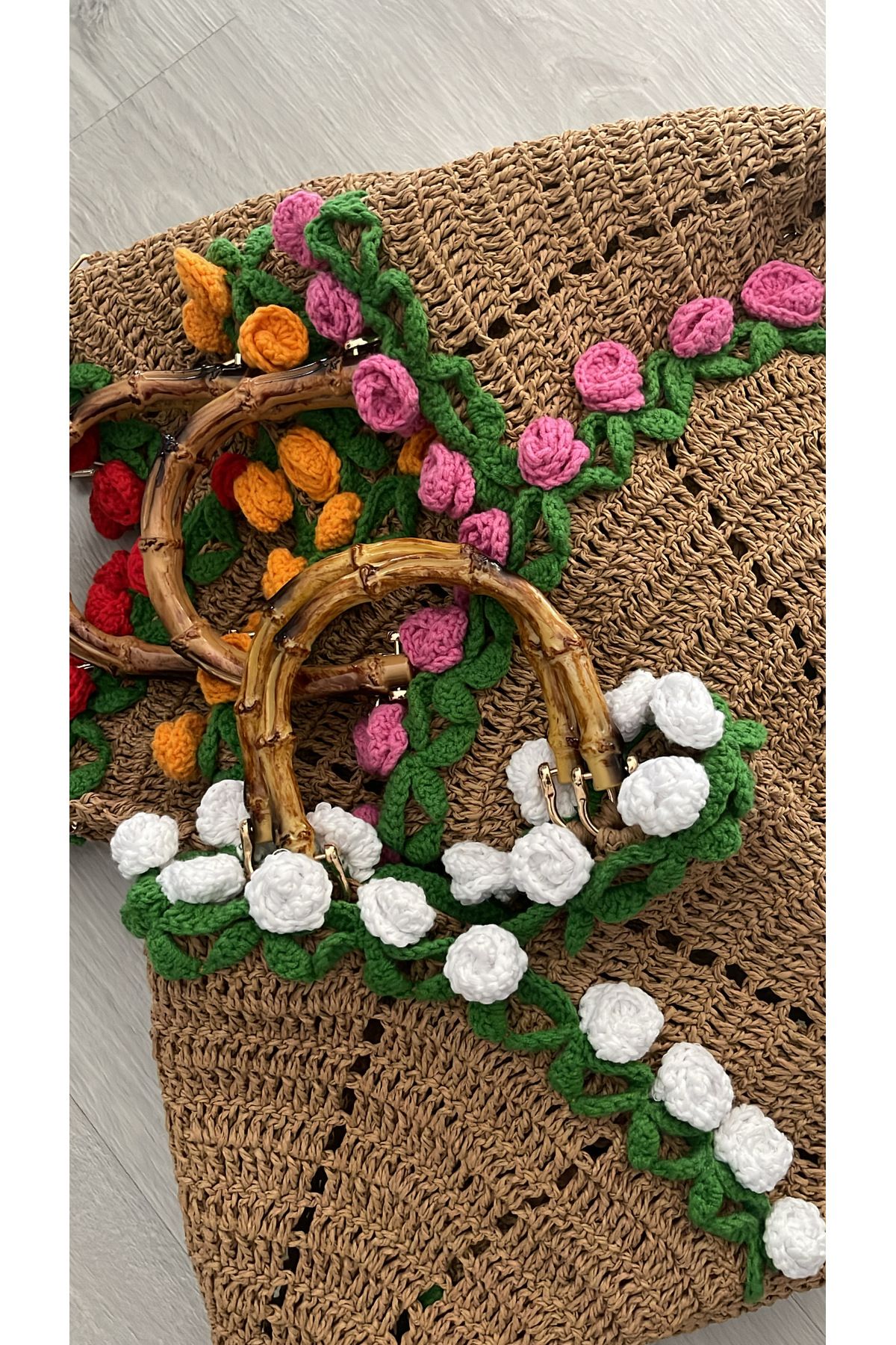 WOMANBAG HASIR ÖZEL YAPIM GÜLLÜ EL OMUZ ÇANTASI (Beyaz)