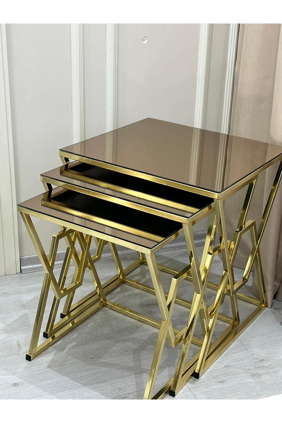 florit mobilya masamıza buyurun Petek 3'lü Kare Zigon Sehpa Seti Gold Ayak,Bronz Ayna lüks