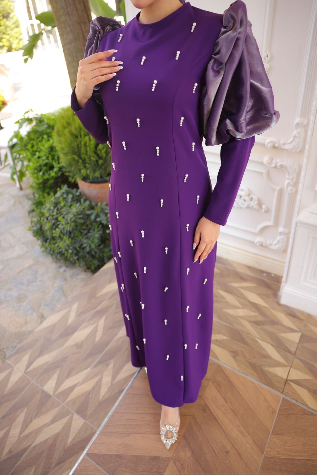 İSM BUTİK-Balloon Sleeve Dress with Pearls on the Front 4