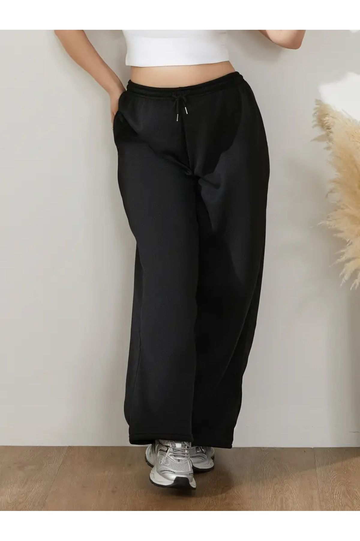 yx yustex sport Kadın Siyah Baggy Bol Kesim Esnek Rahat Kumaş Eşofman Altı ŞAH MODA