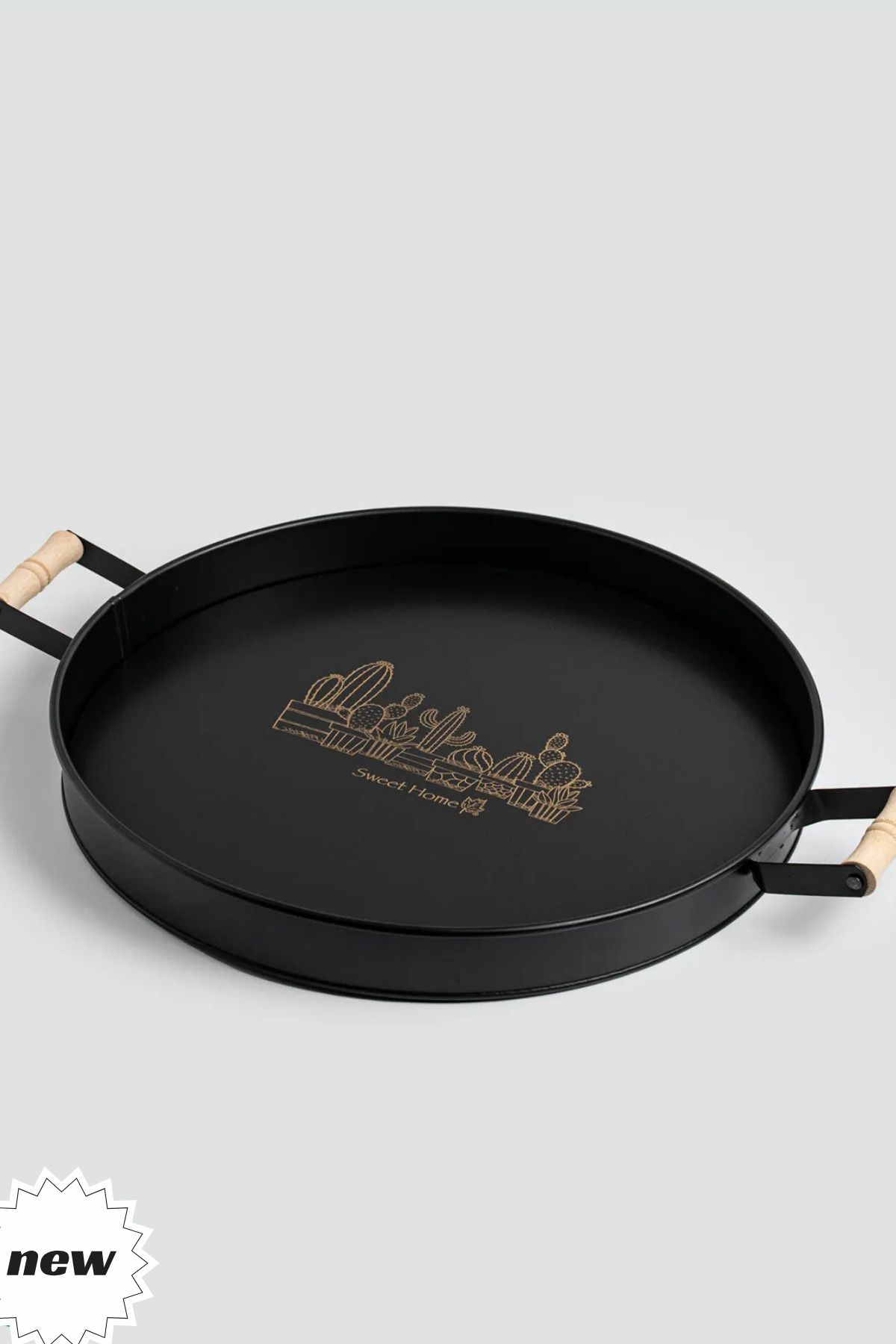 WWSHOP Kitchen Ahşap Saplı Baskılı Yuvarlak Siyah Metal Tepsi Çay Kahve Kahvaltı Servis Tepsisi 37 Cm