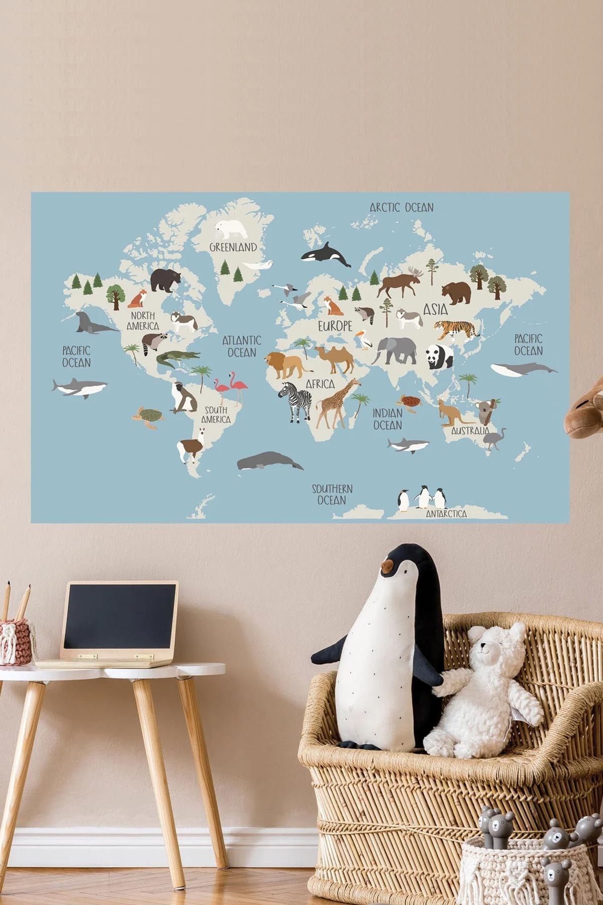 KT Decor Hayvanlı Dünya Haritası Kıtalar ve Okyanuslar Çocuk Odası Duvar Sticker