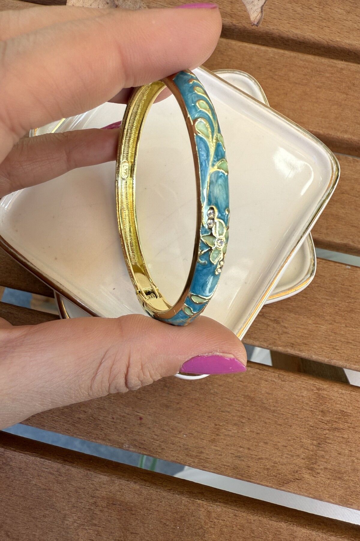AURA ATELIER 14K Altın Kaplama İnce Mineli Açık Mavi Bilezik 5.7cm