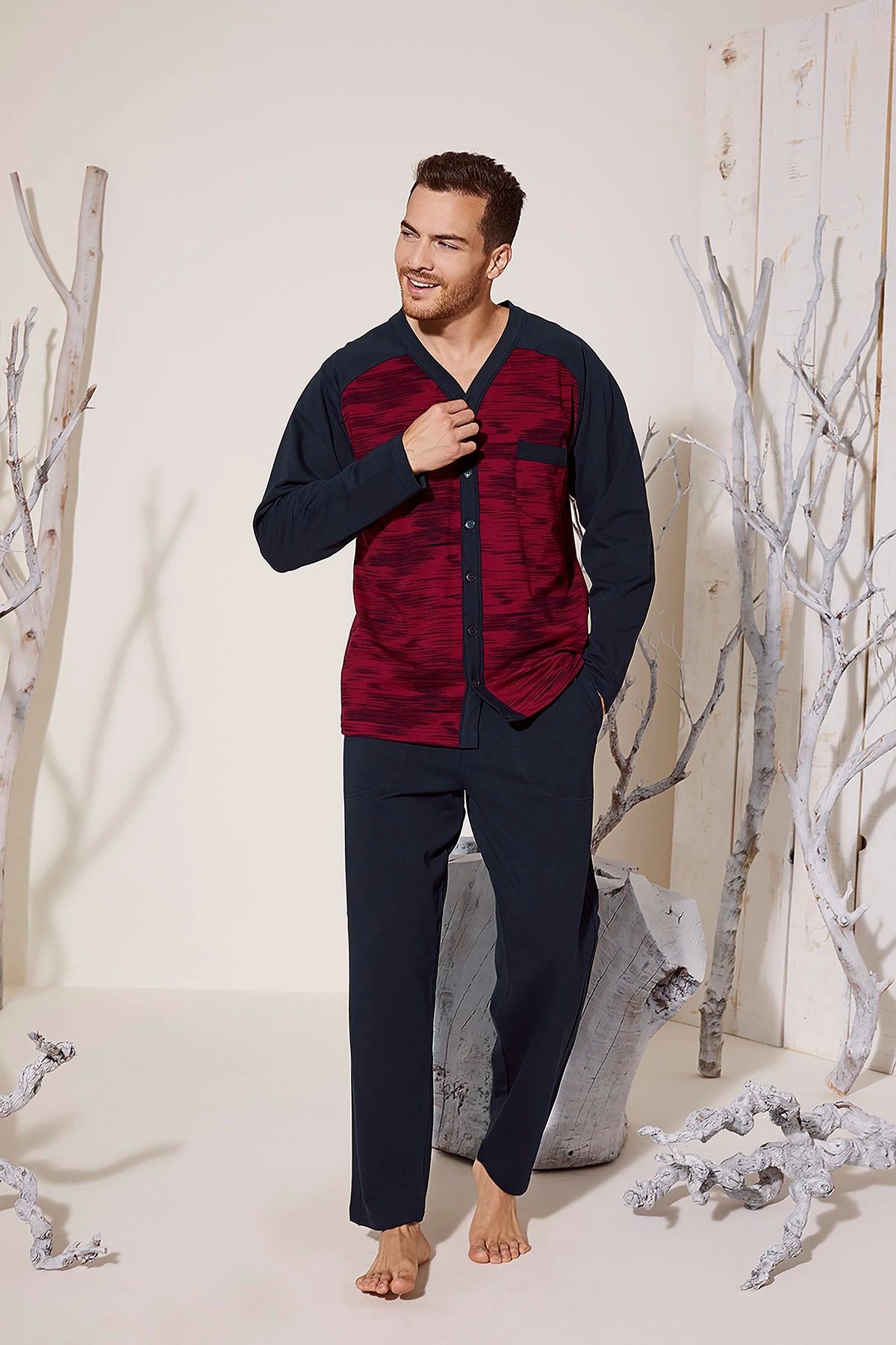Moda Şahsenem Erkek 8025 Erkek V Yaka Boydan Düğmeli Pijama Takımı