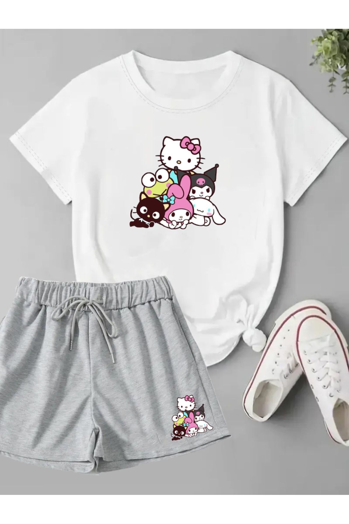 makiteks 2'li Set Düz Renk Kadın Regular Şort ve Tshirt Tişört Best Friends Hellokit