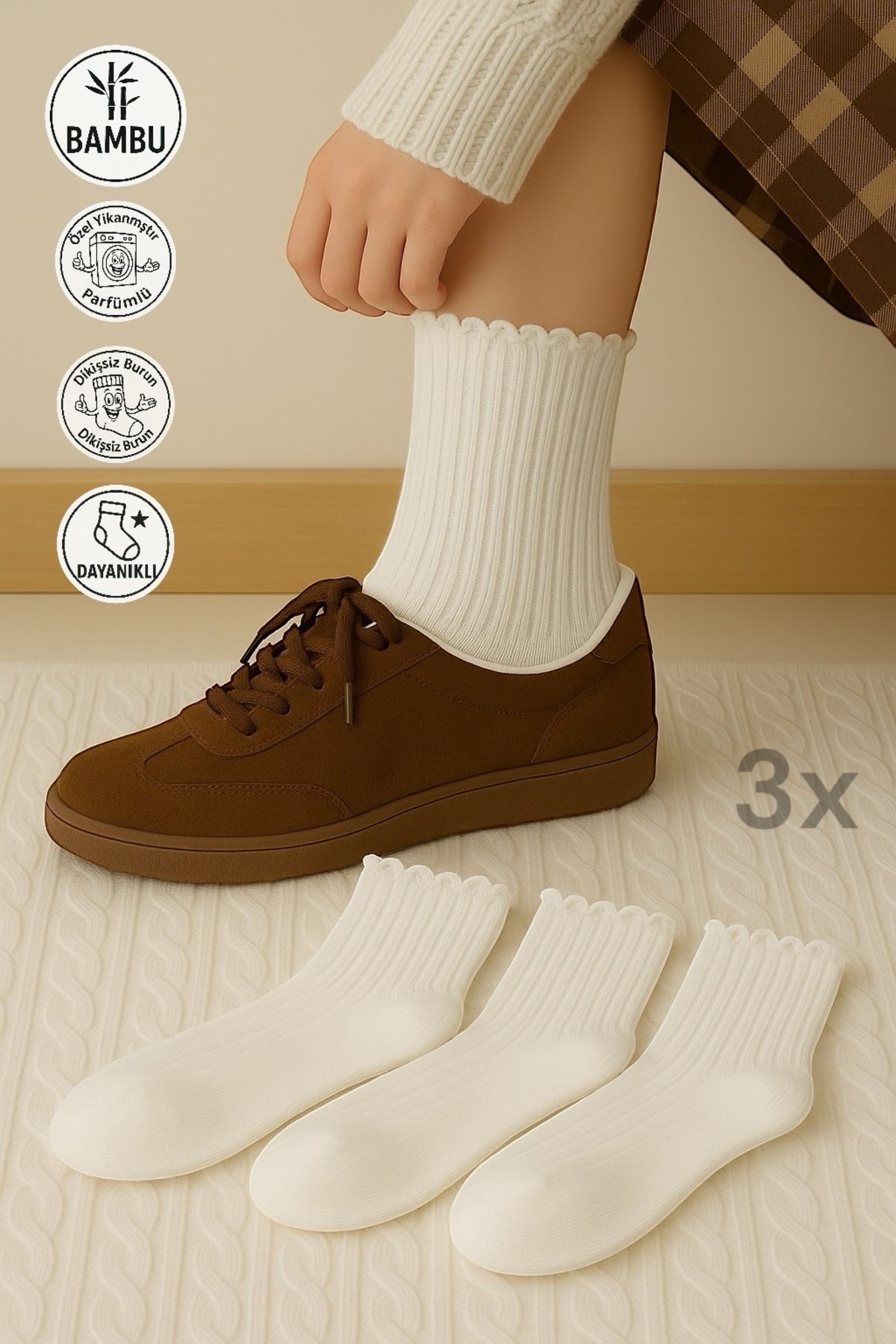 Bambu Kadın Fırfırlı Soket Bambu Dikişsiz Çorap Fitilli premium 3’lü Çorap