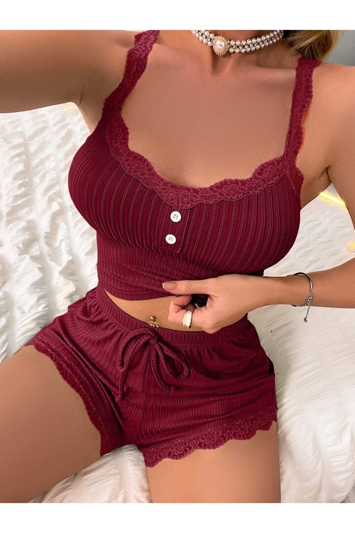 STARRY NIGHT Bordo Renk Dantel Detaylı Şortlu Pijama Takımı