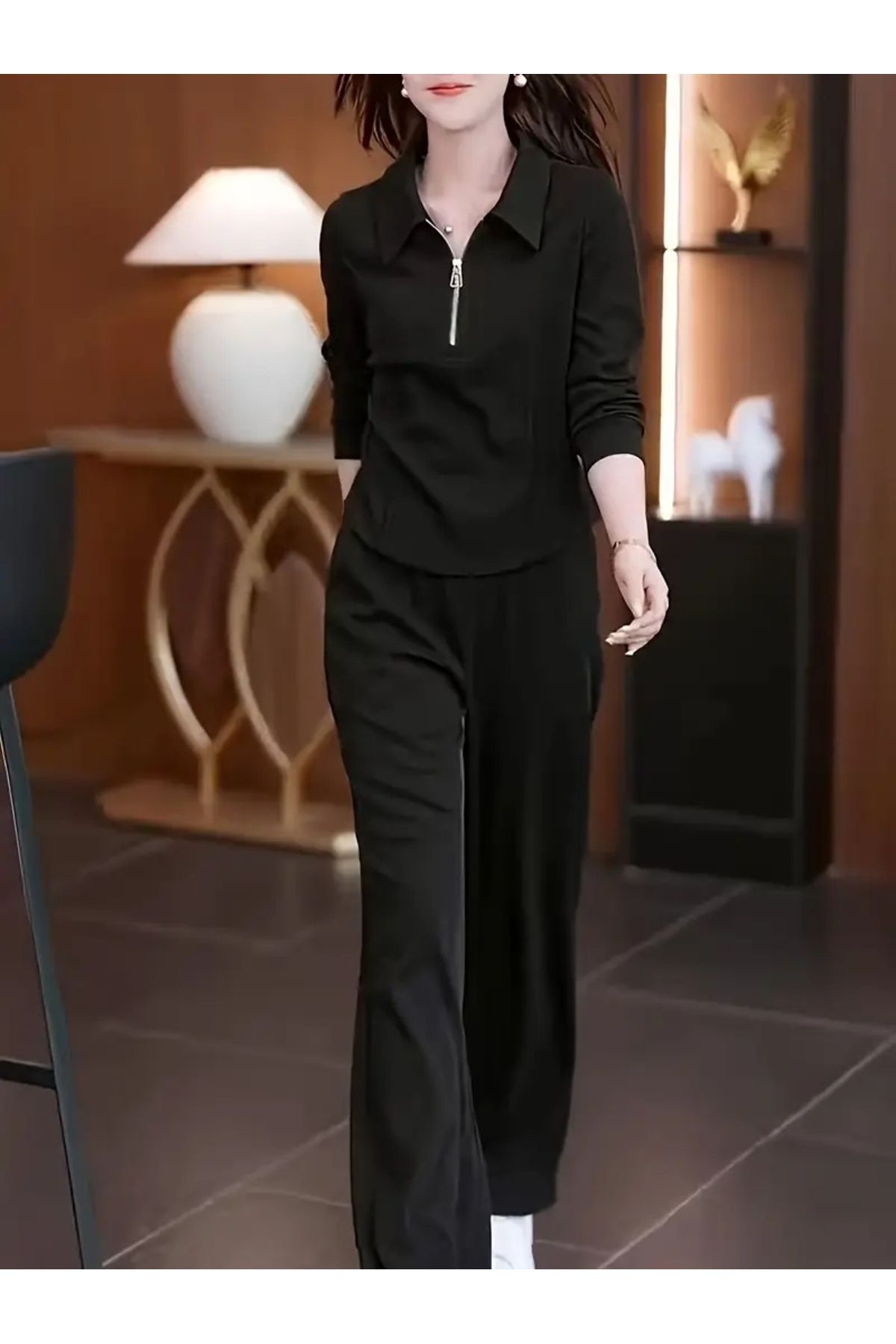 yx yustex sport Kadın Siyah Baggy Bol Kesim Esnek Rahat Kumaş Eşofman Altı ŞAH MODA