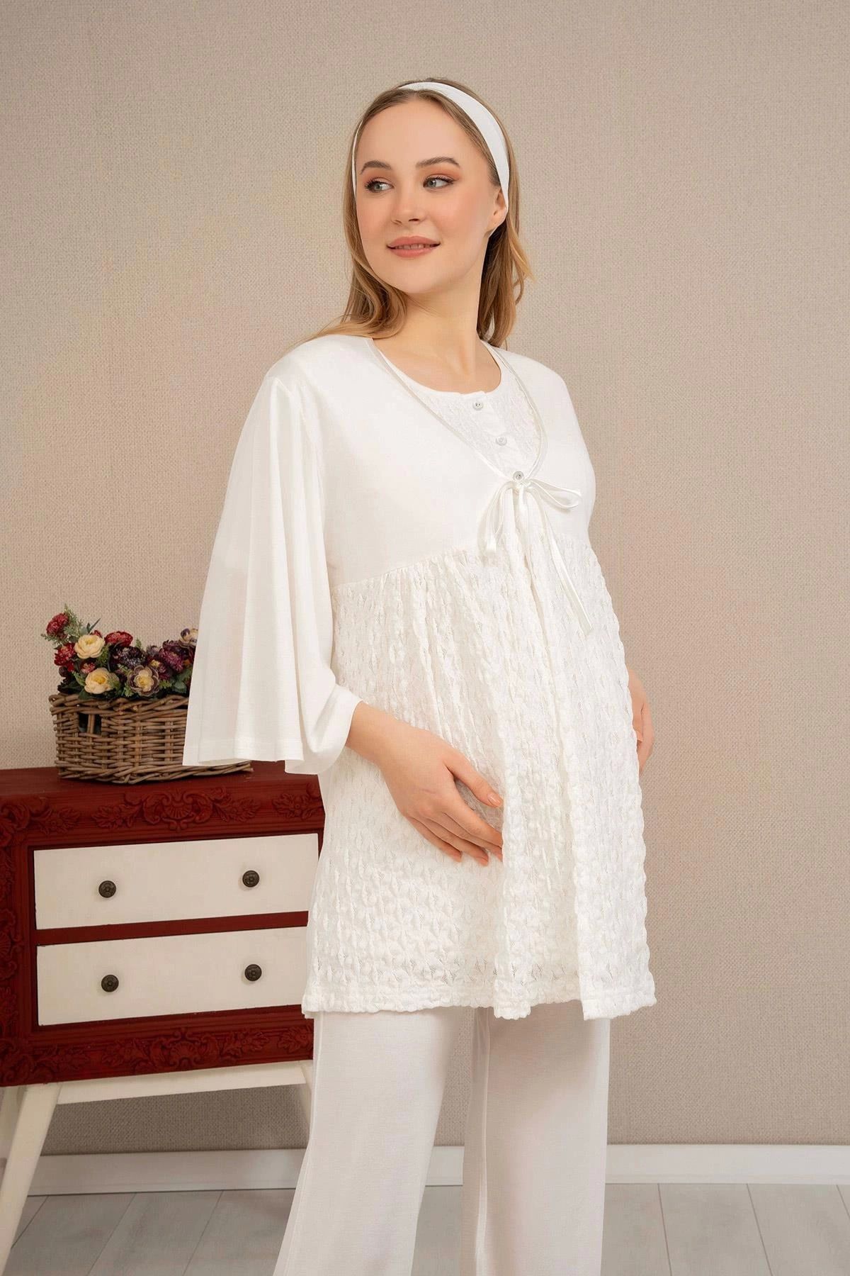 Moda Şahsenem Ba-ha 4504 Dantel Sabahlıklı Lohusa Pijama Takımı