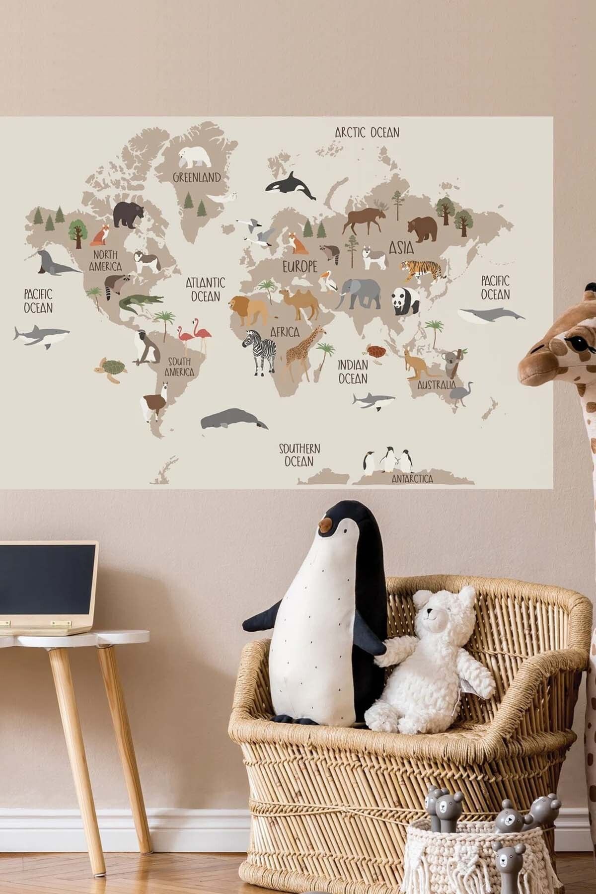KT Decor Hayvanlı Dünya Haritası Kıtalar ve Okyanuslar Çocuk Odası Duvar Sticker