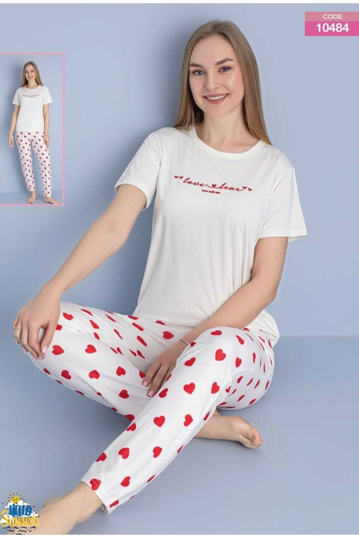 Azra Kadın Beyaz Kırmızı Kalpli Pijama Takımı
