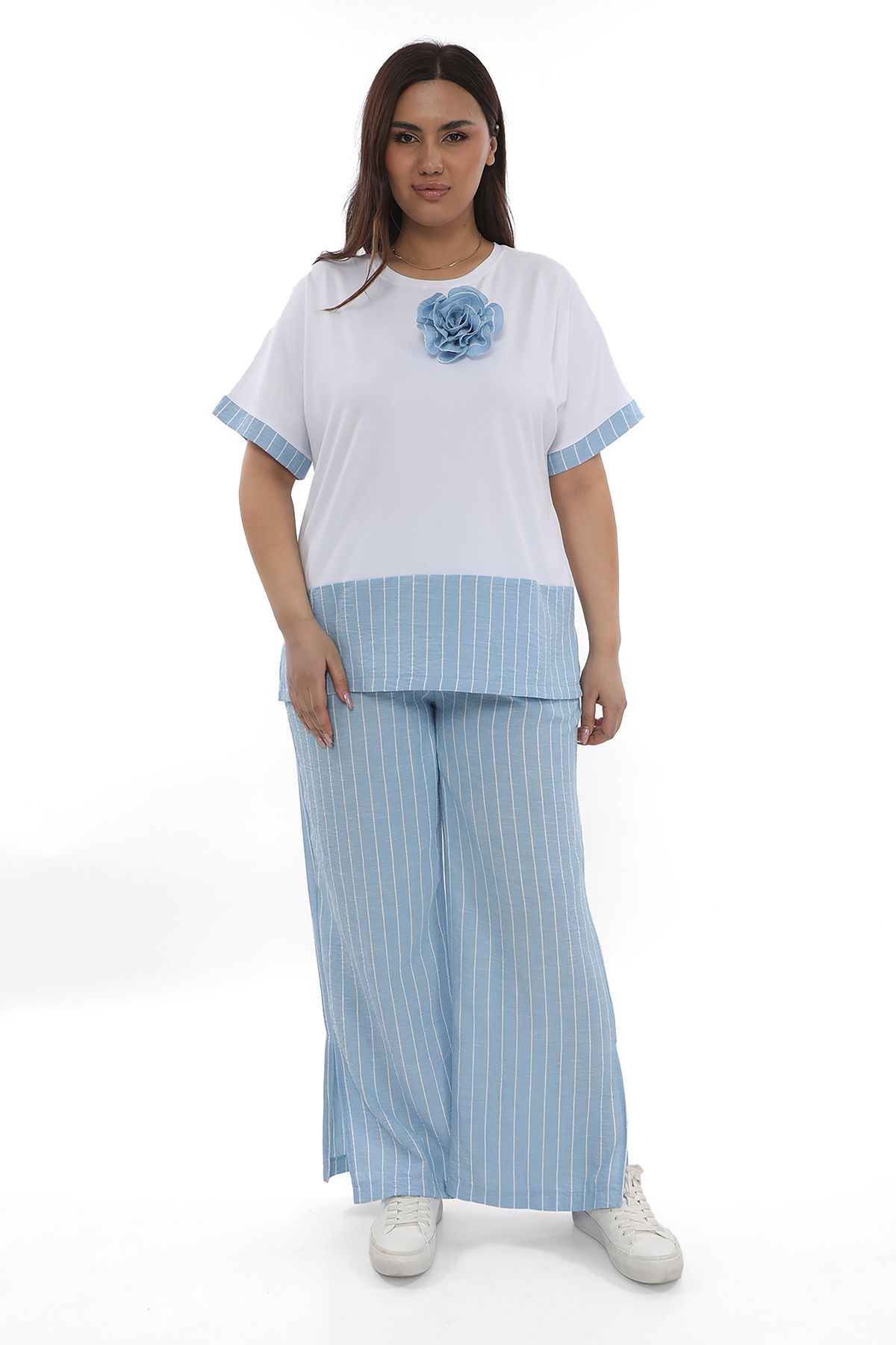 EXİTLİNE Kadın Çizgili Mavi Takım Tshirt Etek