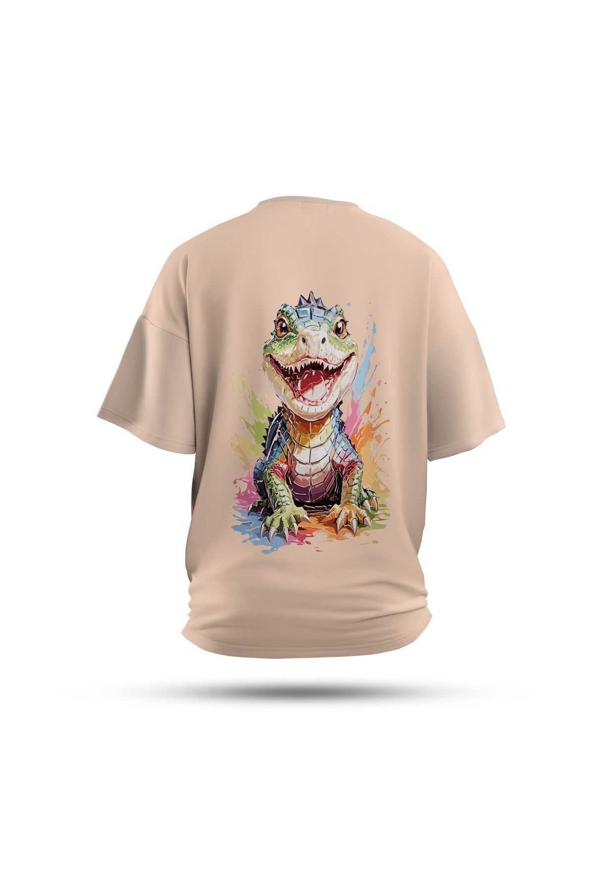 Zestia Unisex T-Shirt, Animals Timsah Sırt Baskılı, Regular, %100 Pamuk, Krem T-Shirt No: 015
