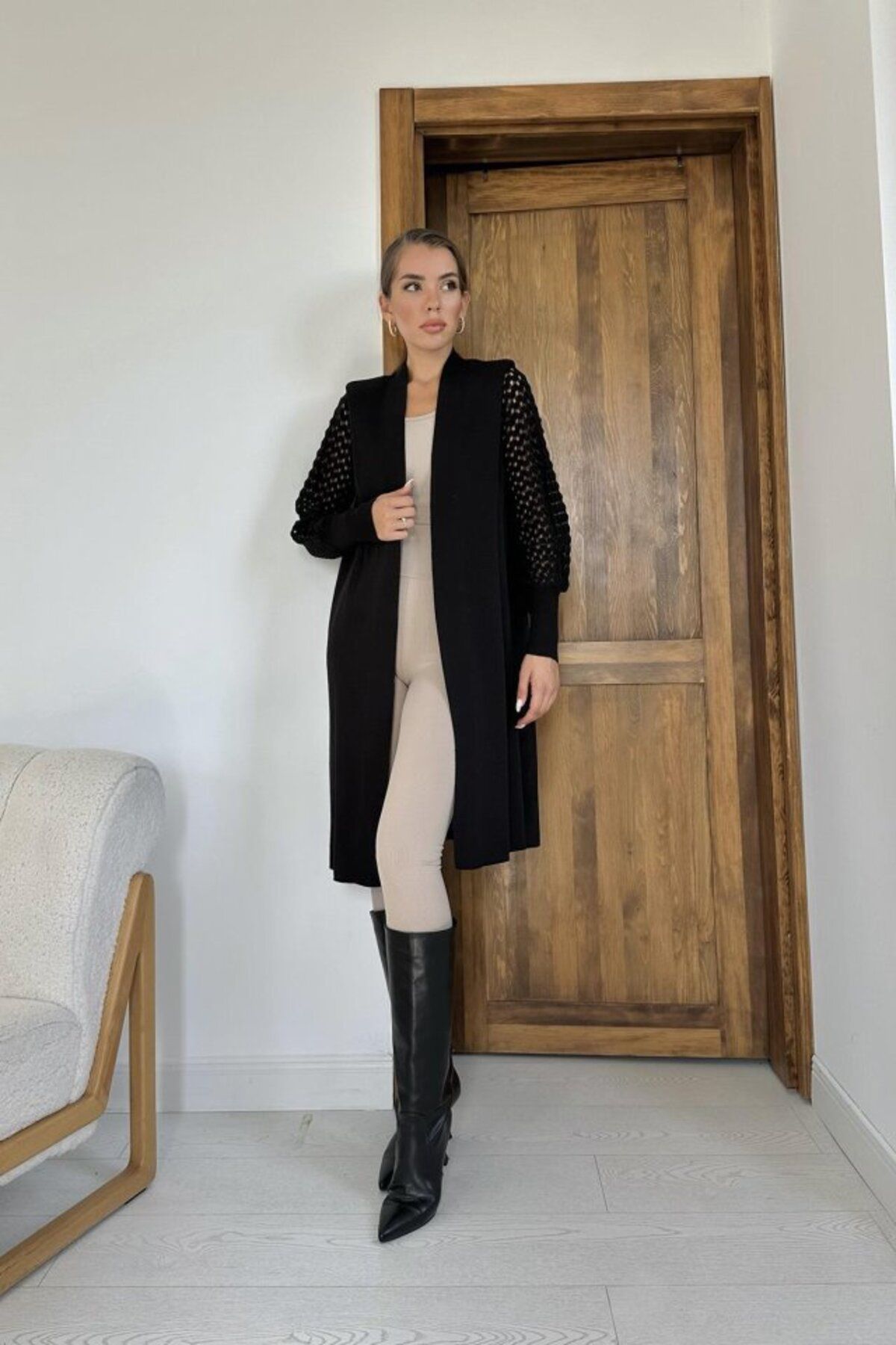 POLEXP Siyah Kolları Örgülü Triko Hırka