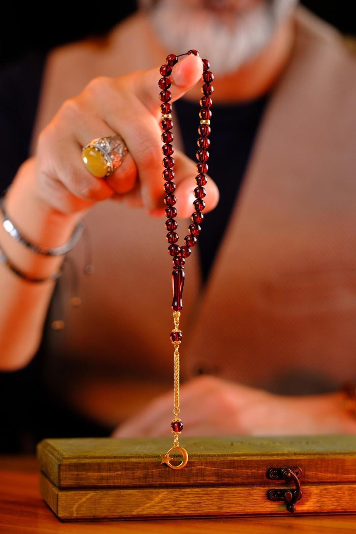dergah tesbih-Mini Wrist Length Lithuania Drop Amber Silver Crescent and Star Design (Amber) 6