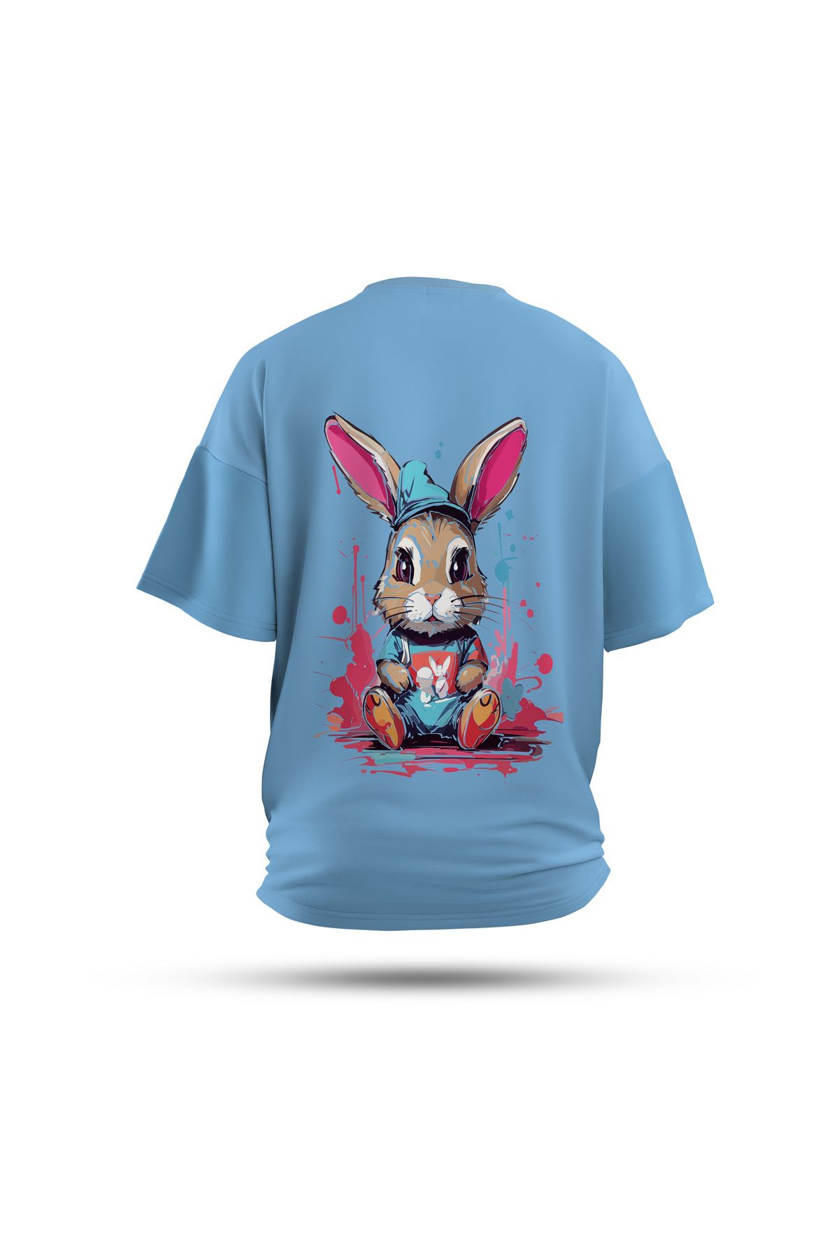 Zestia Unisex T-Shirt, Animals Tavşan Sırt Baskılı, Regular, %100 Pamuk, Mavi T-Shirt No: 013