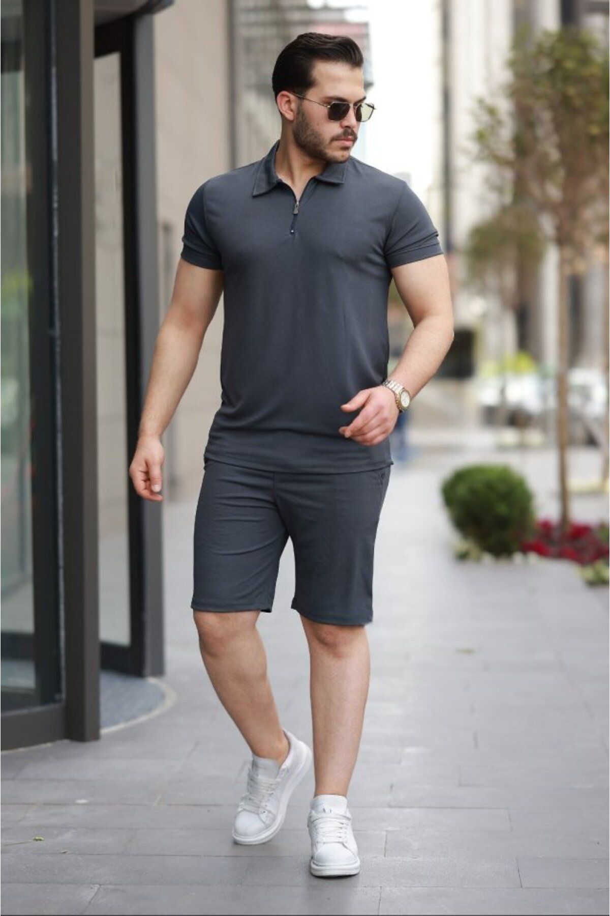 Eserden Erkek Yakalı Fermuarlı T-shirt şort Ikili Takım