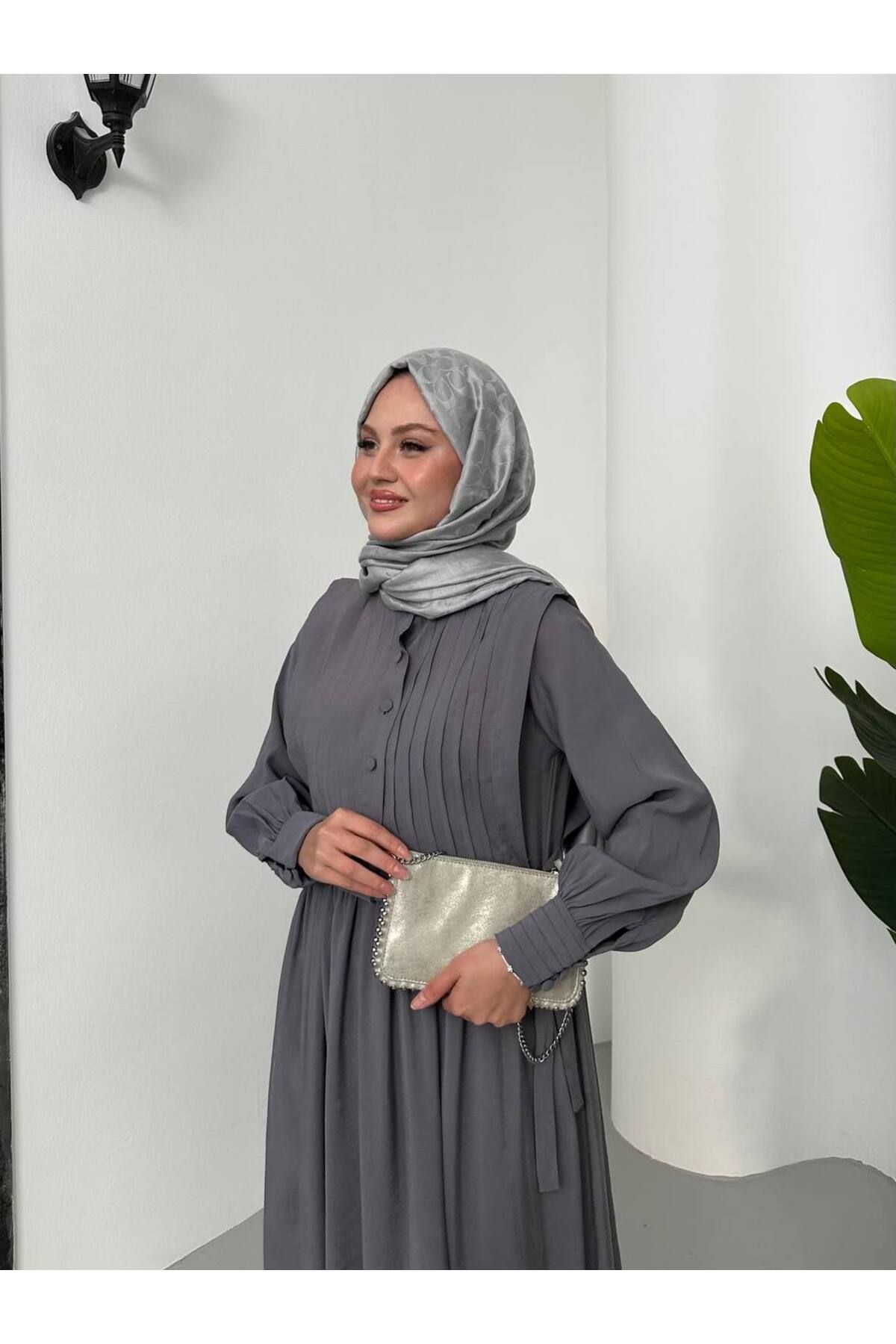 Marjita Kadın Tesettür Modal İpek Kumaş Nervürlü Yelekli Rahat Kalıp Tam Boy Elbise