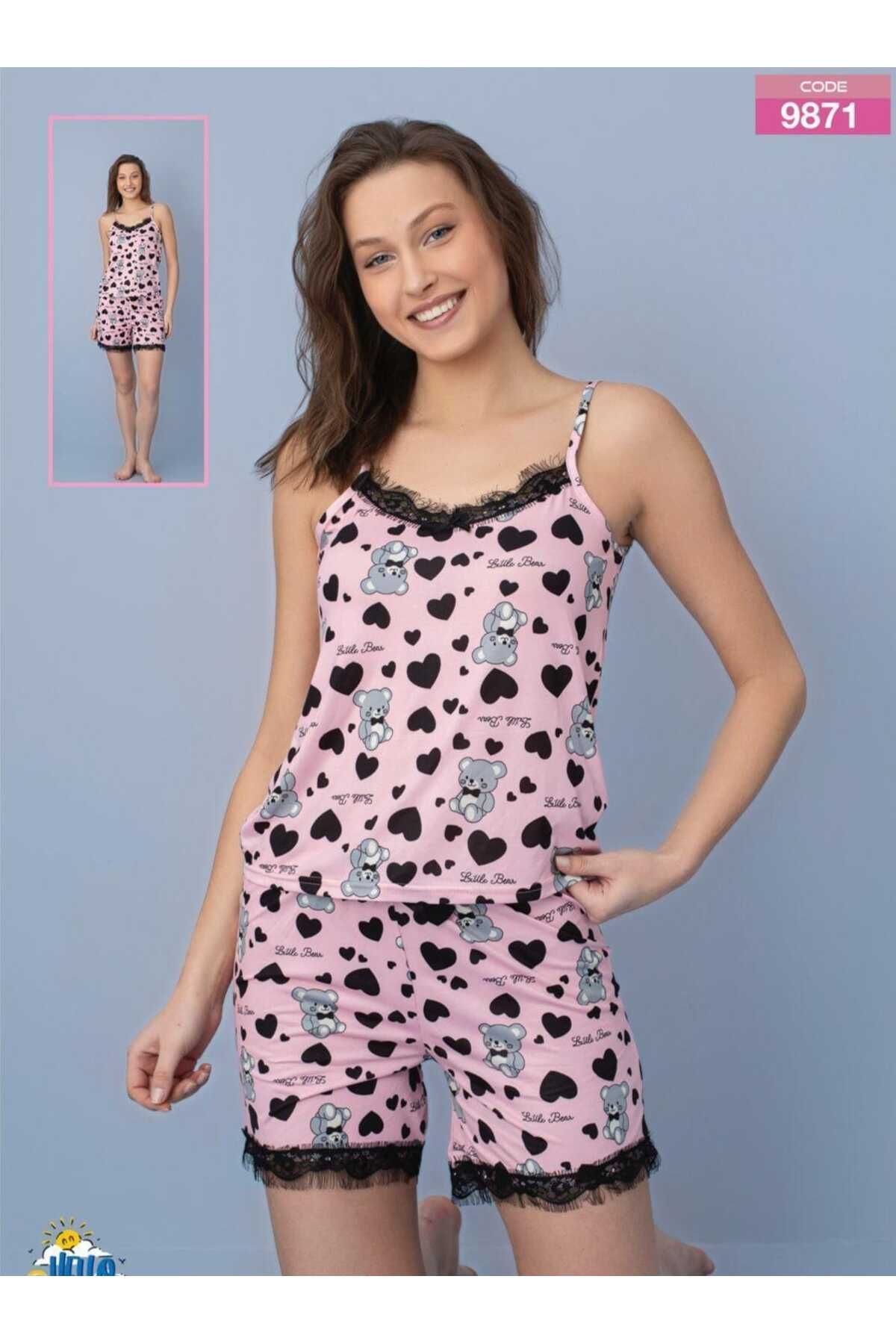 Azra Kadın Pembe Hayvan Desenli İp Askılı Şortlu Pijama Takımı