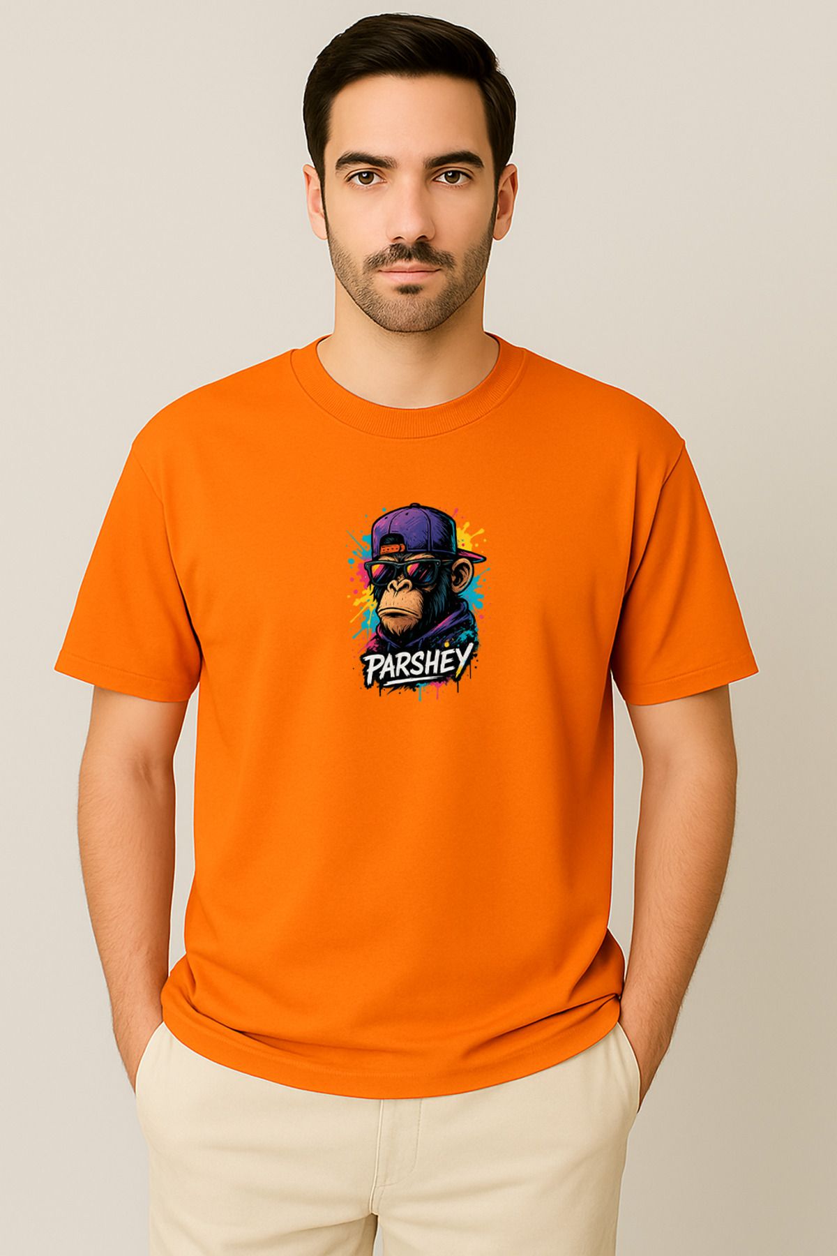 PARSHEY Erkek - Kadın Unisex Graffiti Maymun Baskılı Yarım Kollu Bisiklet Yaka %100 Pamuk Oversize T-shirt