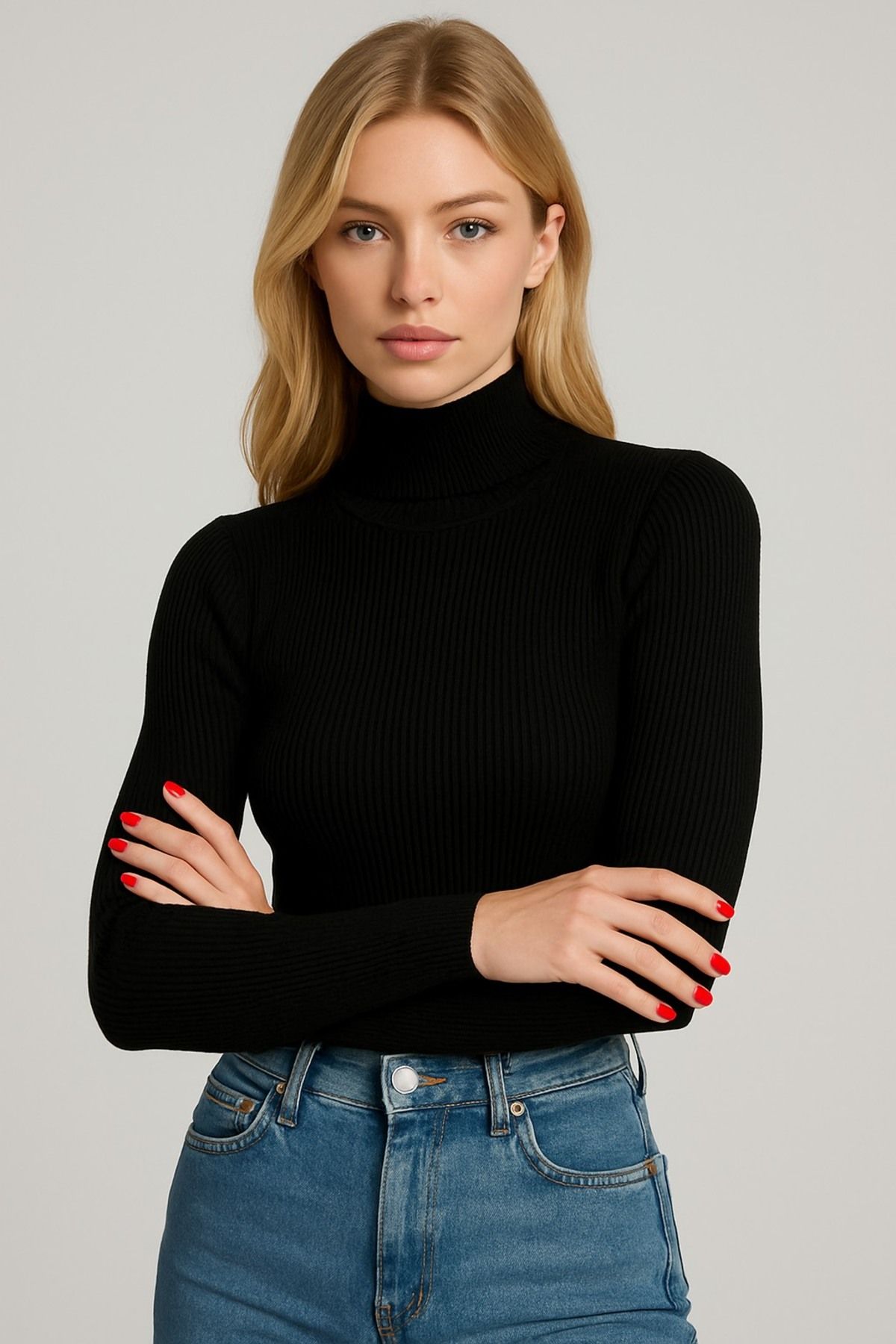 CATSPY Unisex Siyah Pamuklu Balıkçı Yaka Kaşkorse Şardonlu Slimfit Boğazlı Kazak