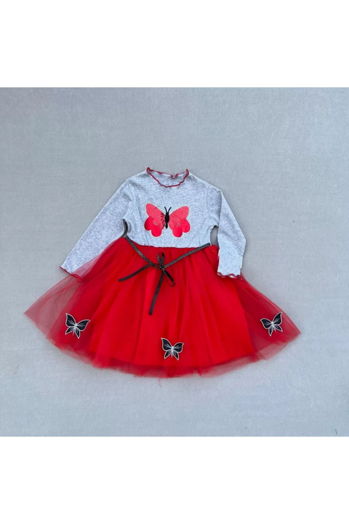 onlinebutik Taşlı Kelebek Desenli Kurdela Kuşaklı Astarlı Kız Çocuk Tütü Elbise Kırmızı