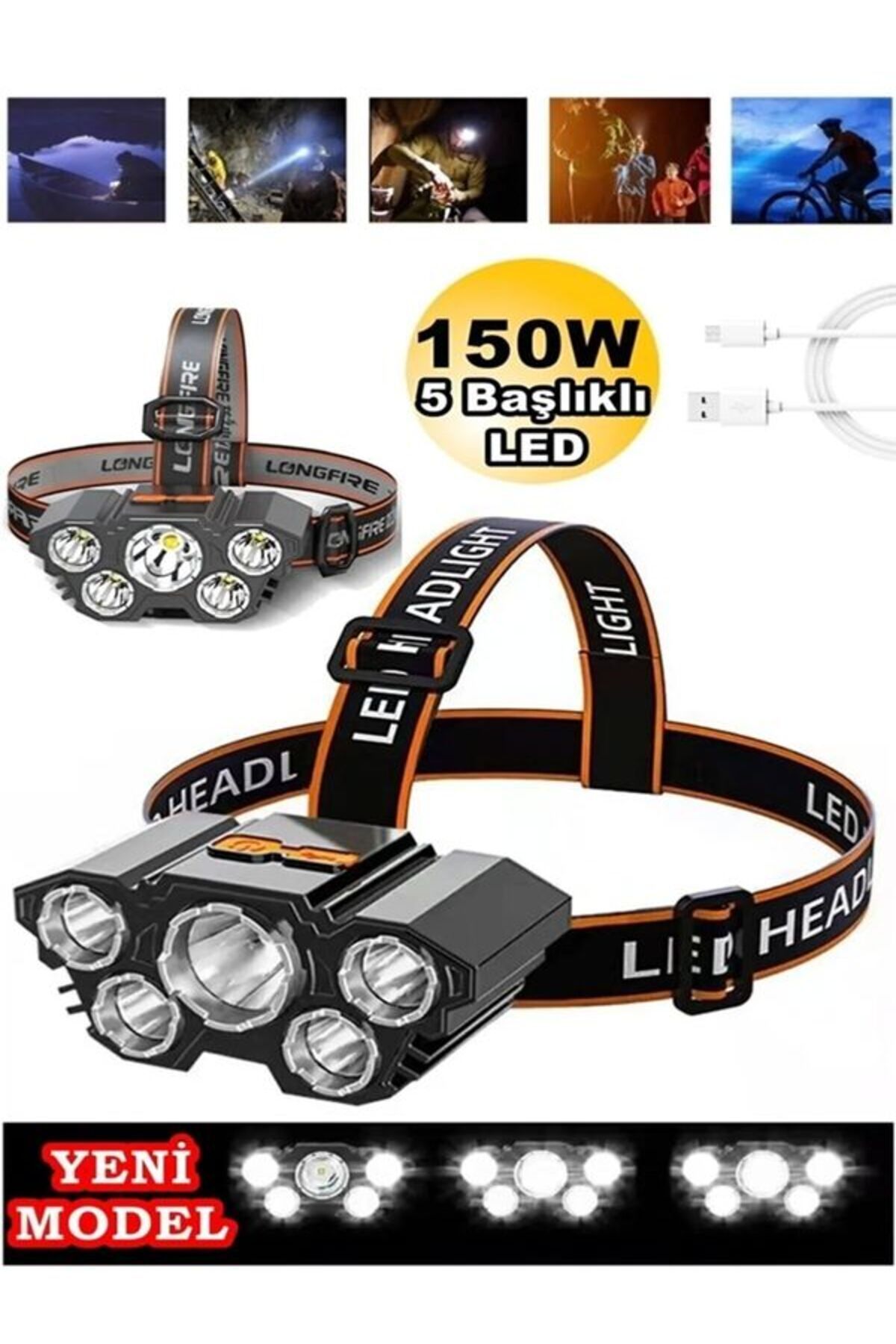 Aleeza 150w Ultra Güçlü Led Şarjlı 5 Led 5x Cree Led Kafa Feneri Avcı Feneri Balıkçı Kamp Feneri