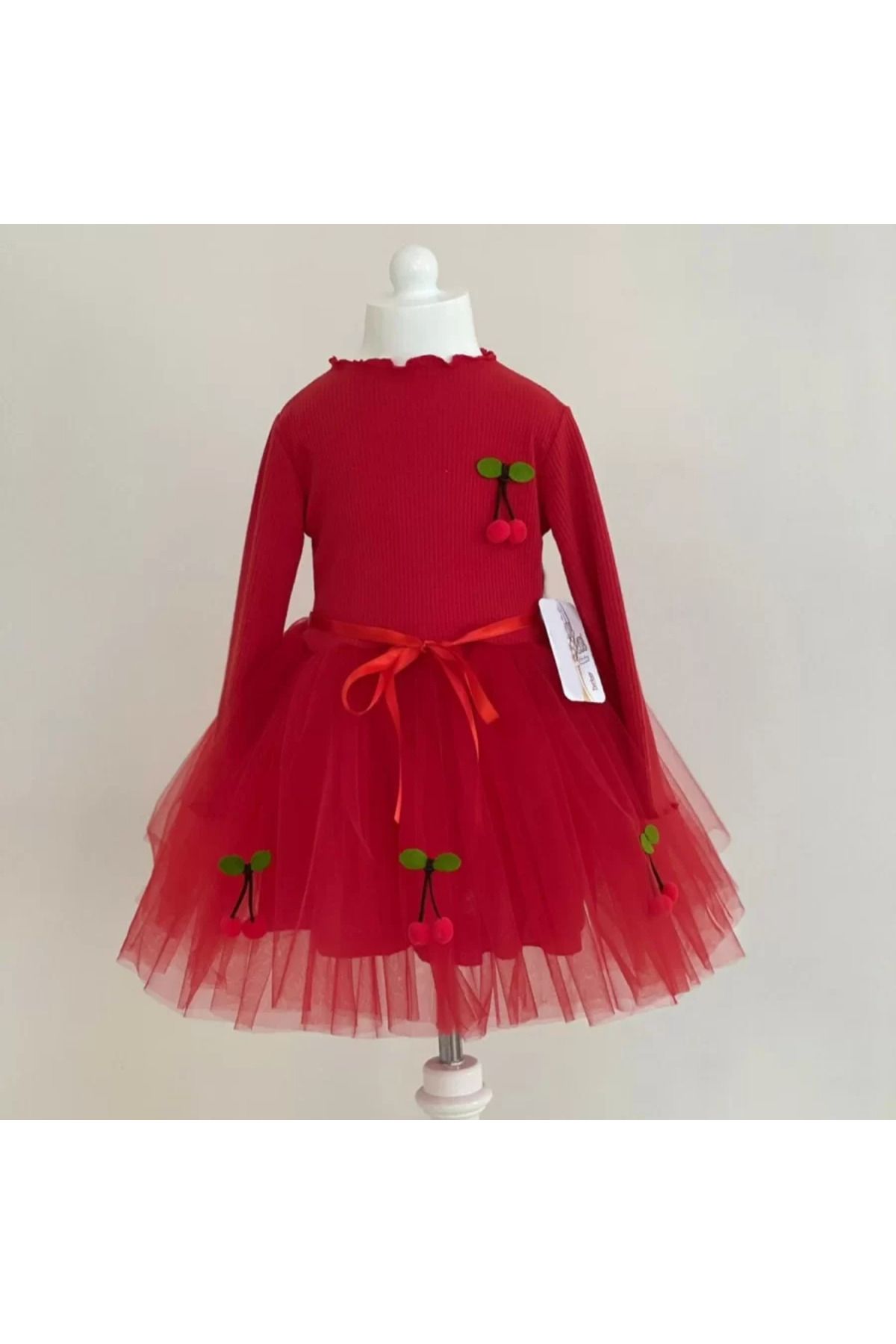 onlinebutik Kiraz Desenli Kurdela Kuşaklı Astarlı Uzun Kollu Kız Çocuk Tütü Elbise Kırmızı