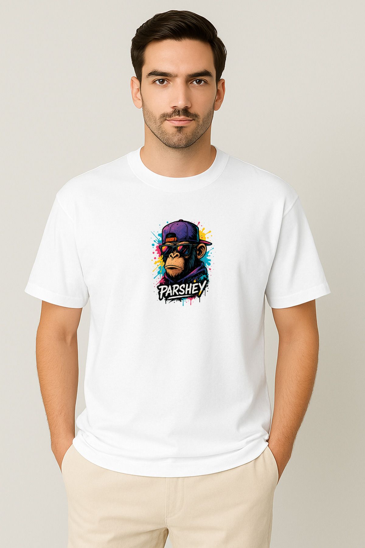 PARSHEY Erkek - Kadın Unisex Graffiti Maymun Baskılı Yarım Kollu Bisiklet Yaka %100 Pamuk Oversize T-shirt