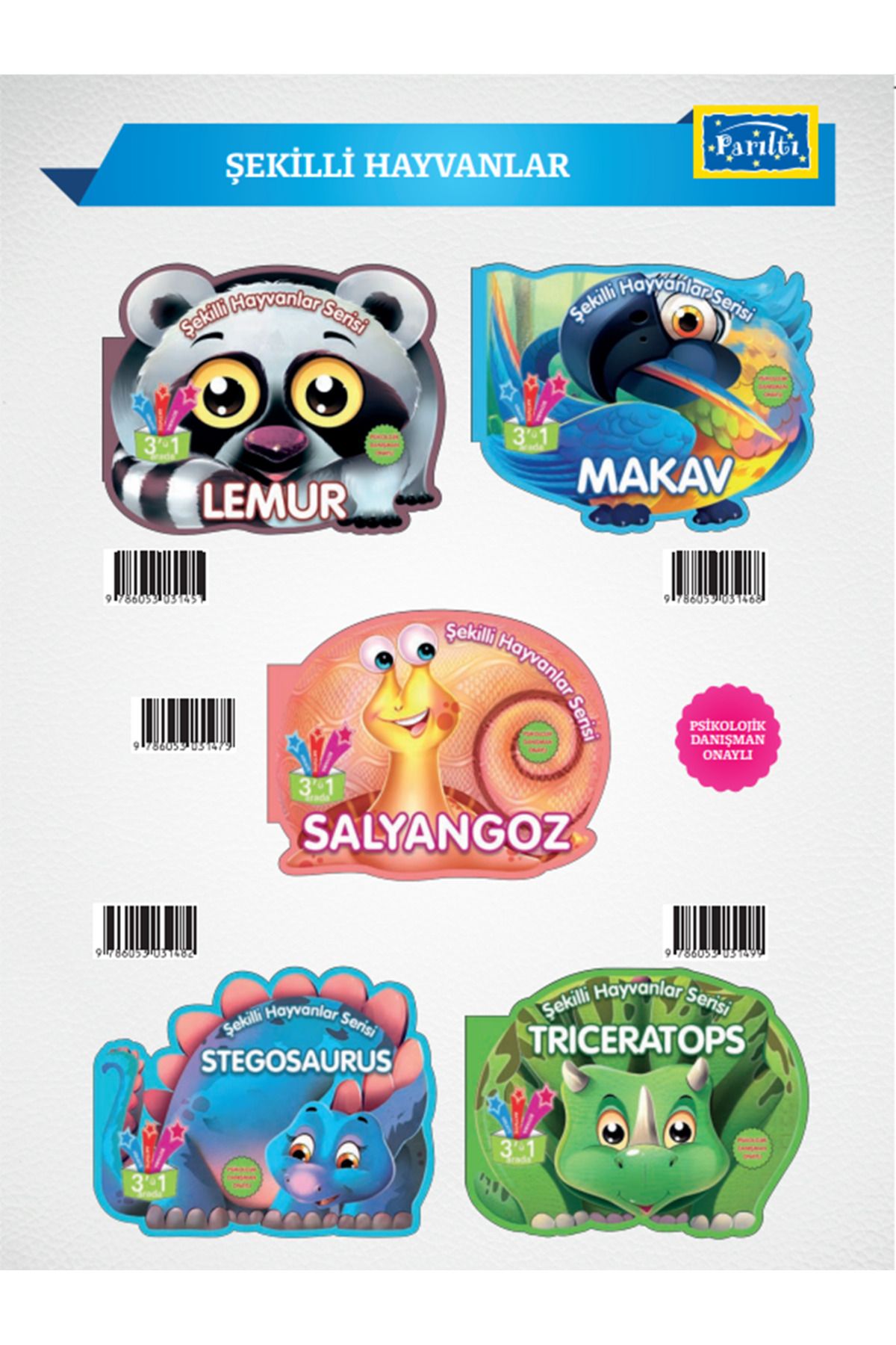 Parıltı Yayınları Şekilli Hayvanlar Lemur - Makav - Salyangoz - Stegosaurus - Triceratops Bez Çanta Hediyeli