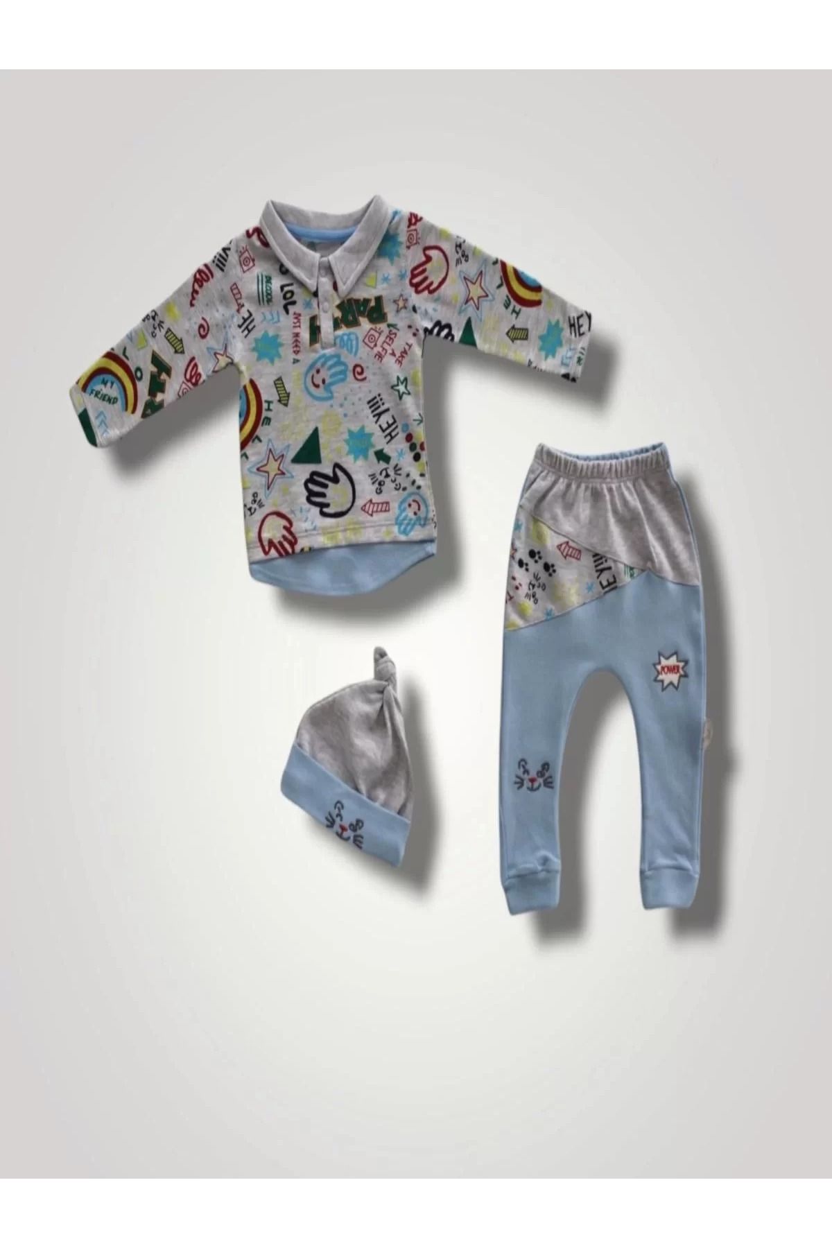 onlinebutik Power Kedi Nakışlı Uzun Kollu Sweat Şapkalı3lü Kız Erkek Bebek Takımı Mavi