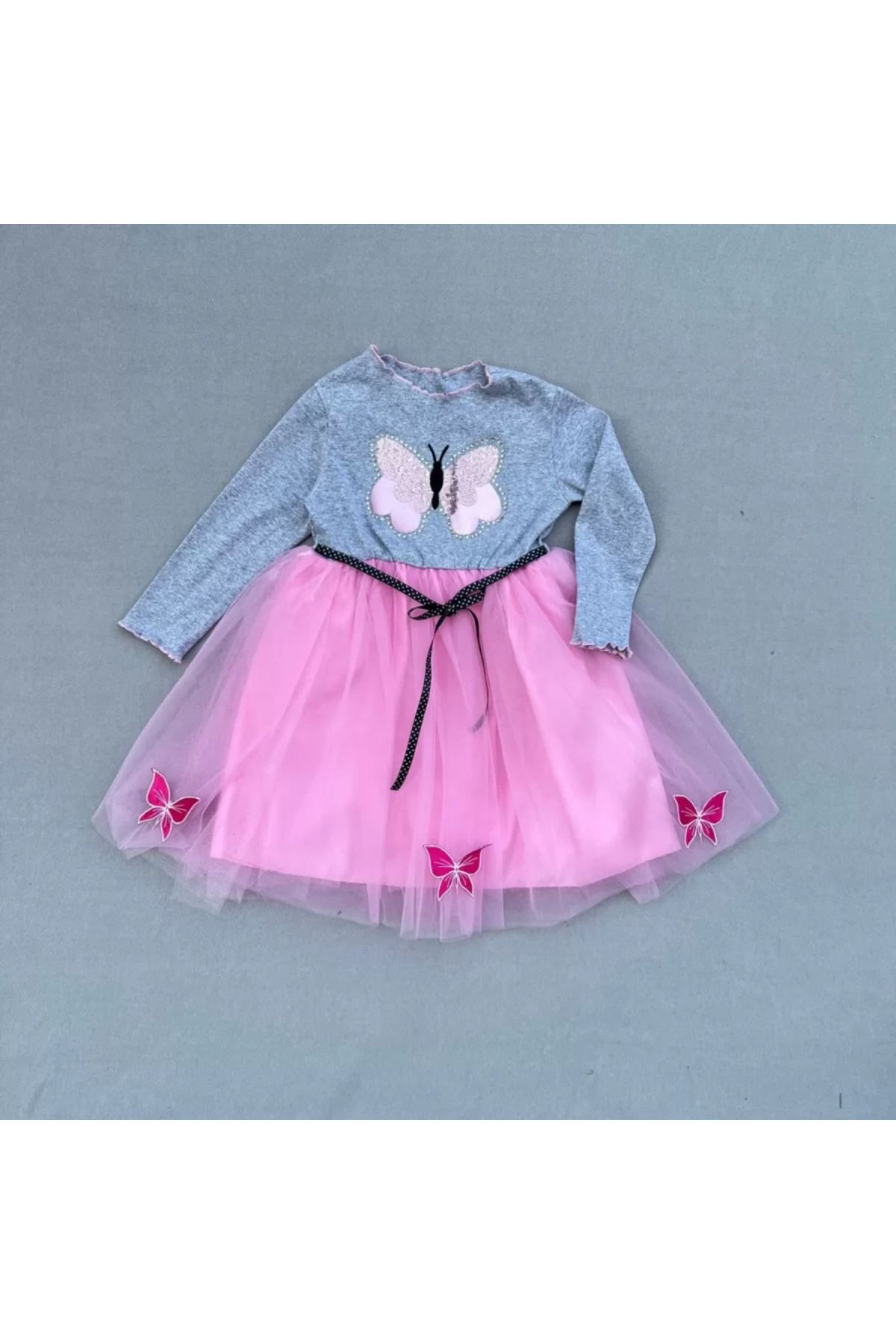 onlinebutik Taşlı Kelebek Desenli Kurdela Kuşaklı Astarlı Kız Çocuk Tütü Elbise Pembe