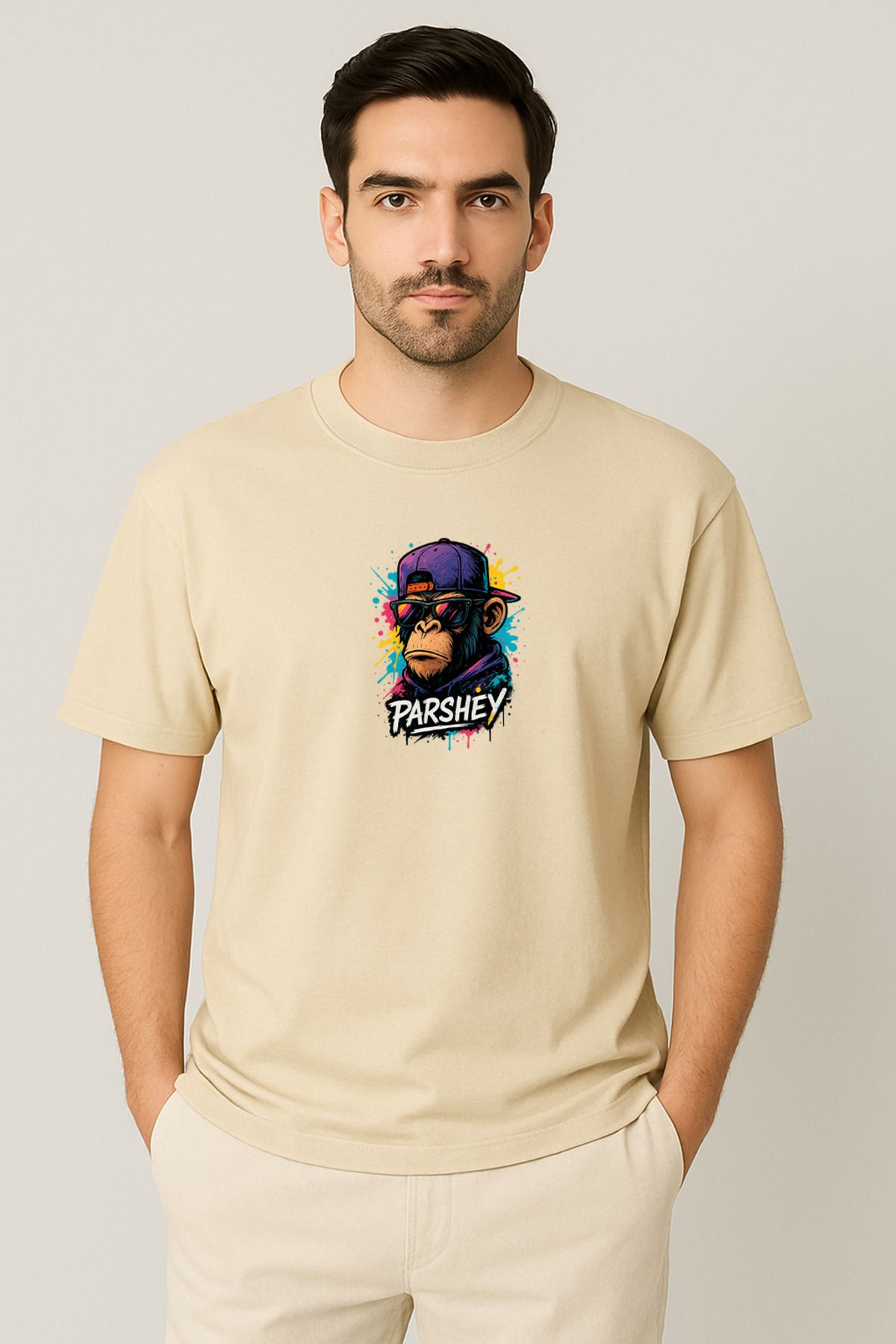 PARSHEY Erkek - Kadın Unisex Graffiti Maymun Baskılı Yarım Kollu Bisiklet Yaka %100 Pamuk Oversize T-shirt